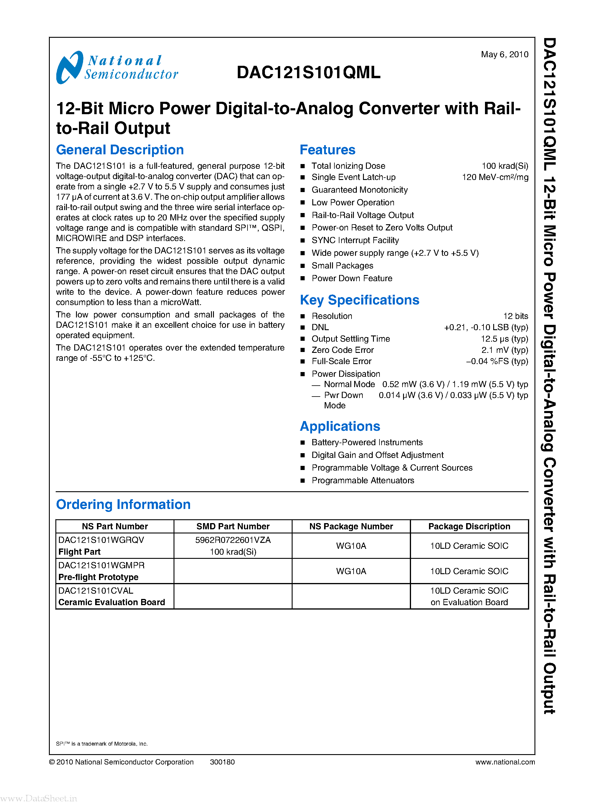 Datasheet DAC121S101QML page 1 Datasheet DAC121S101QML - 10 - 12-Bit Micro Power Digital-to-Analog Converter page 1