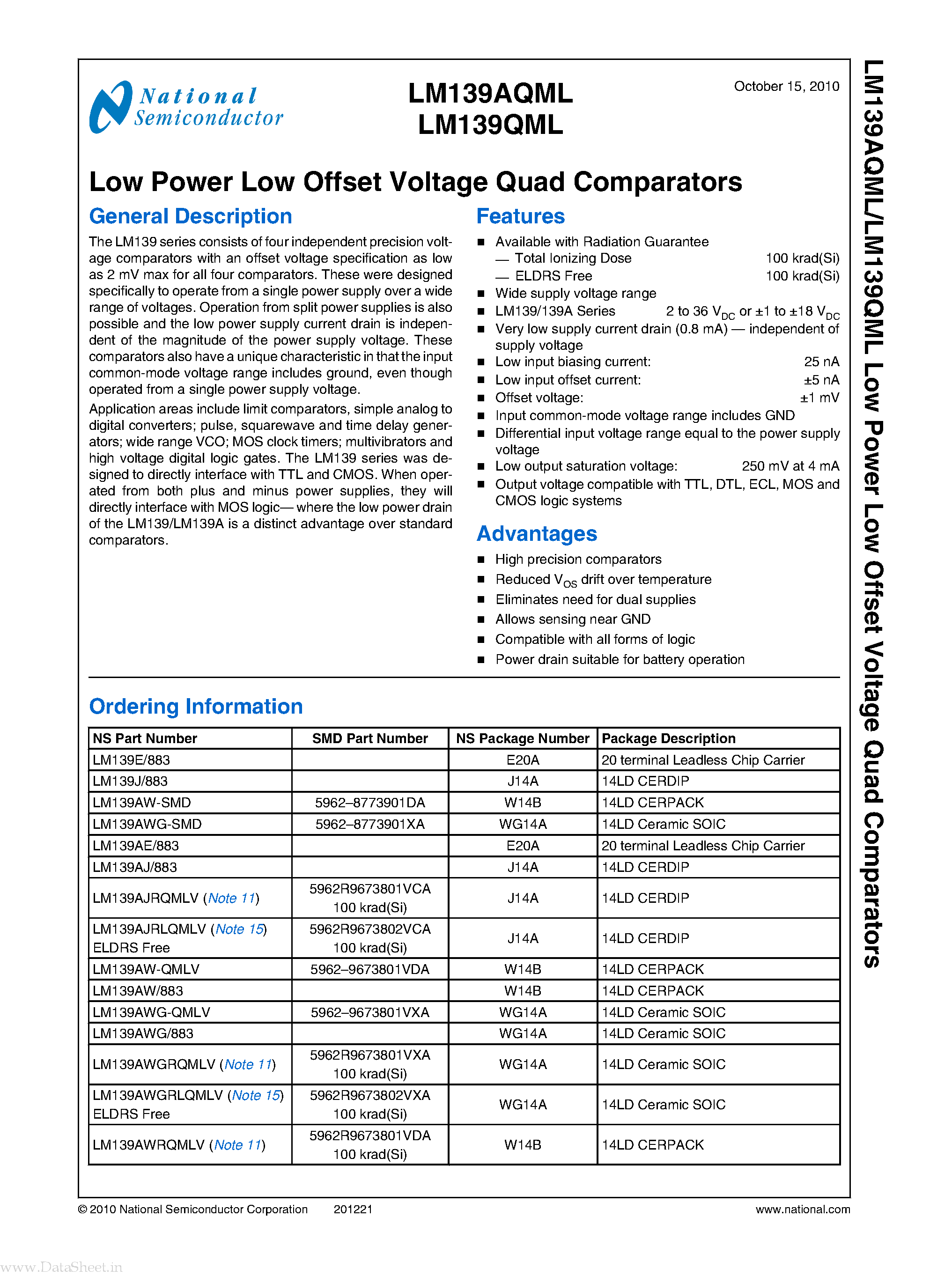 Datasheet LM139AQML page 1 Datasheet LM139AQML - Low Power Low Offset Voltage Quad Comparators page 1