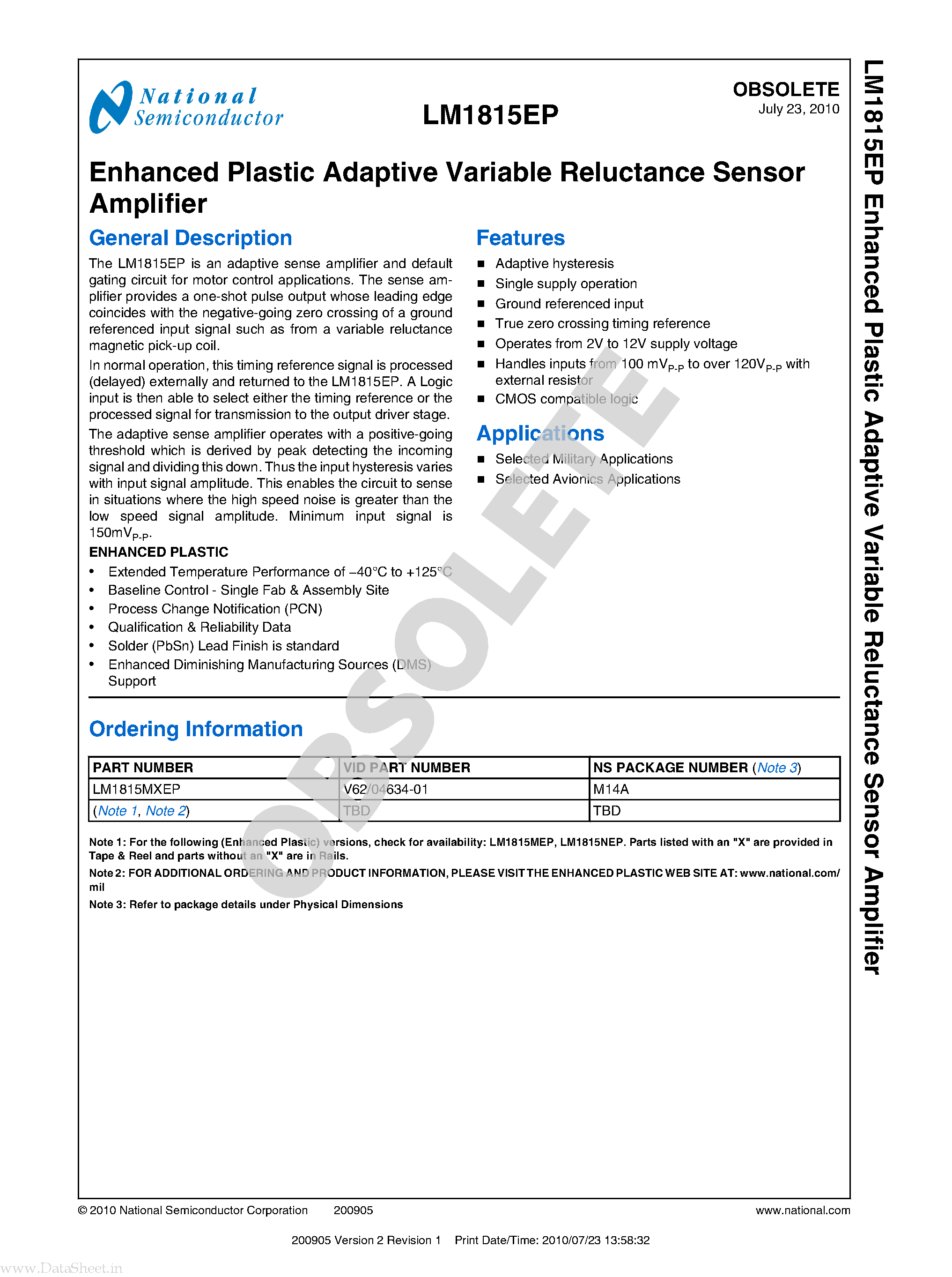 Datasheet LM1815EP - Enhanced Plastic Adaptive Variable Reluctance Sensor Amplifier page 1