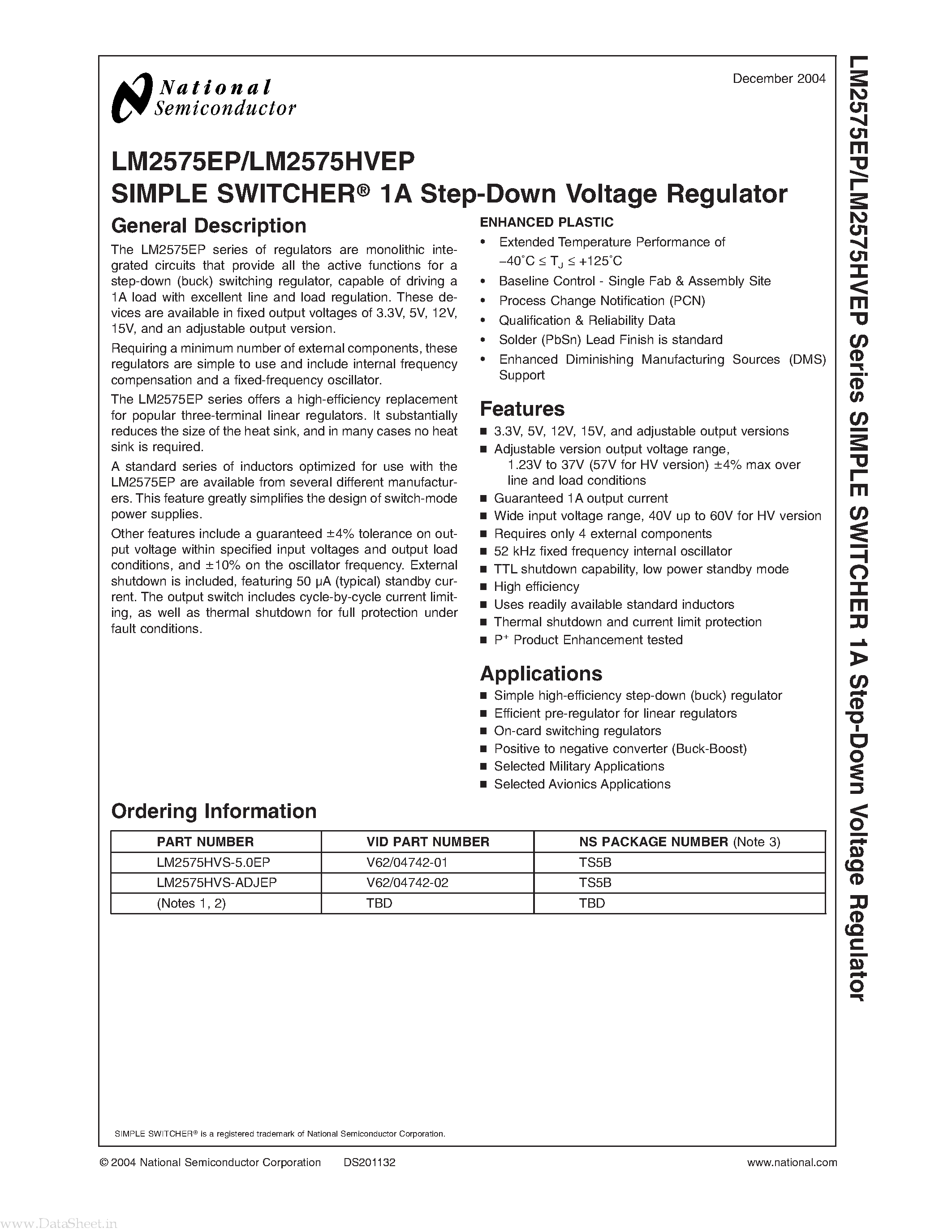 Datasheet LM2575EP - SIMPLE SWITCHER 1A Step-Down Voltage Regulator page 1