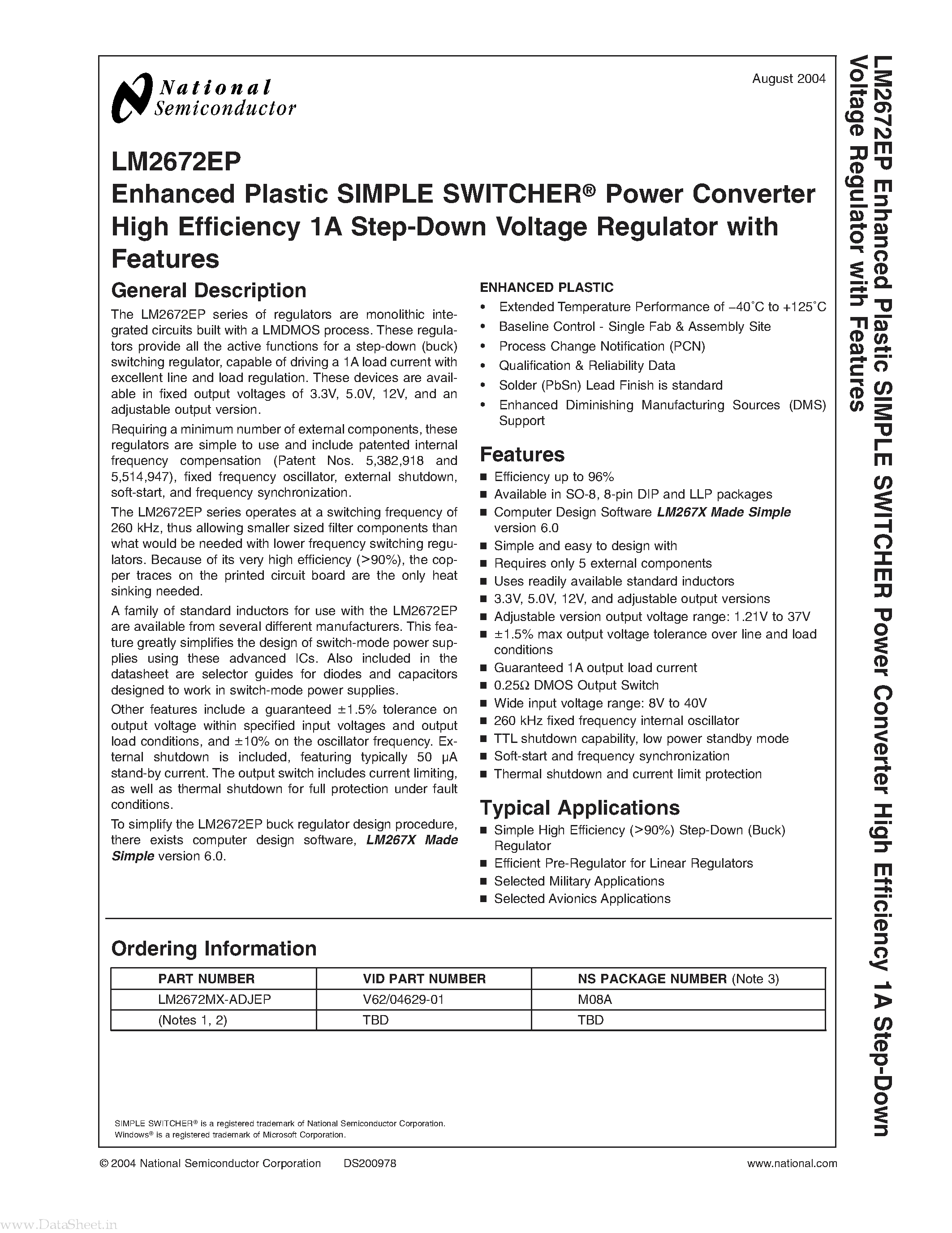 Datasheet LM2672EP page 1 Datasheet LM2672EP - Enhanced Plastic SIMPLE SWITCHER Power Converter High Efficiency 1A Step-Down Voltage Regulator page 1
