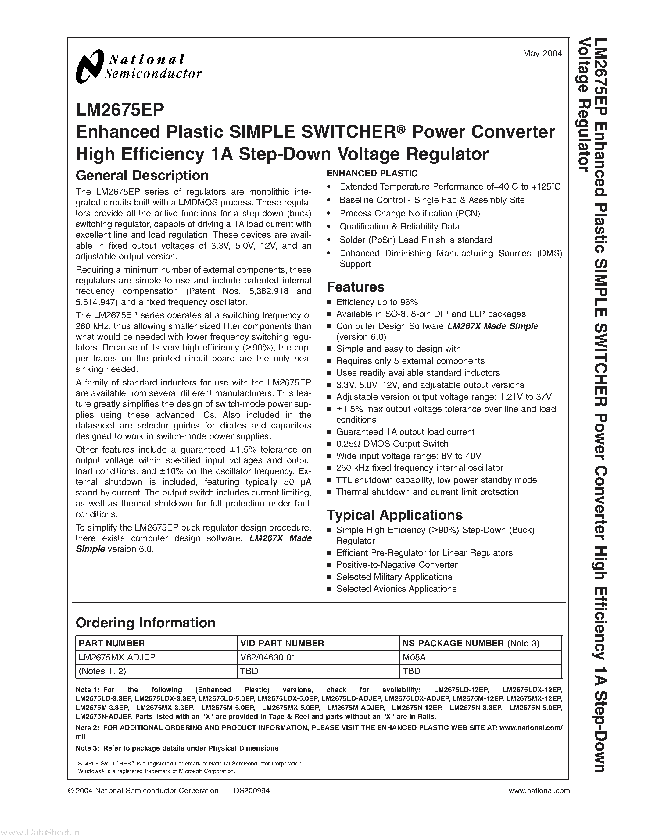 Datasheet LM2675EP page 1 Datasheet LM2675EP - Enhanced Plastic SIMPLE SWITCHER Power Converter High Efficiency 1A Step-Down Voltage Regulator page 1