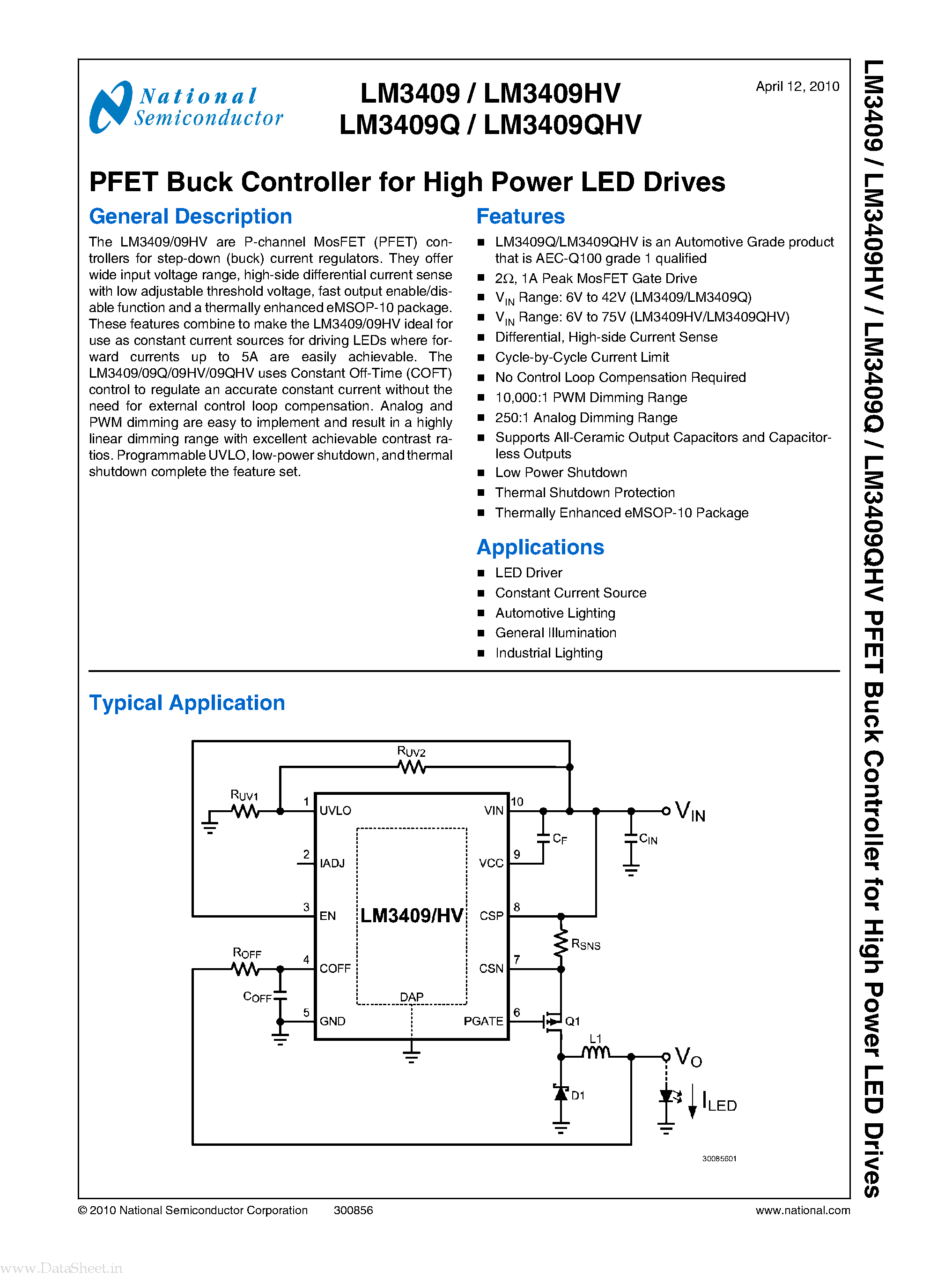 Datasheet LM3409Q - PFET Buck Controller page 1