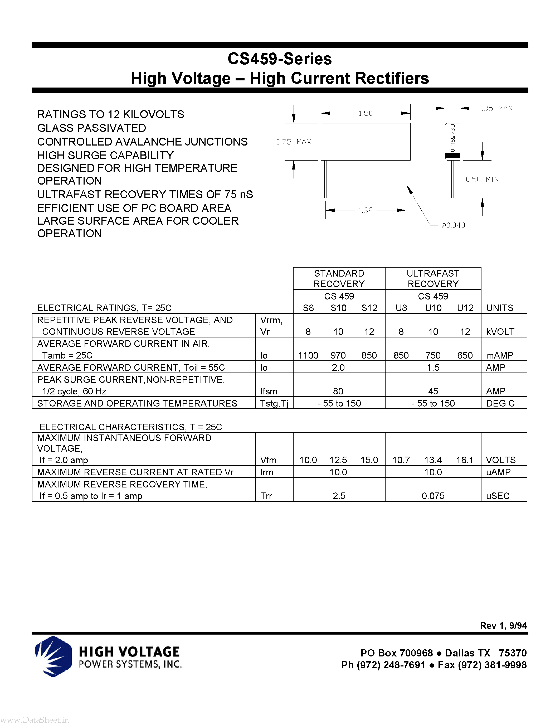 Datasheet CS459 - High Voltage - High Current Rectifiers page 1