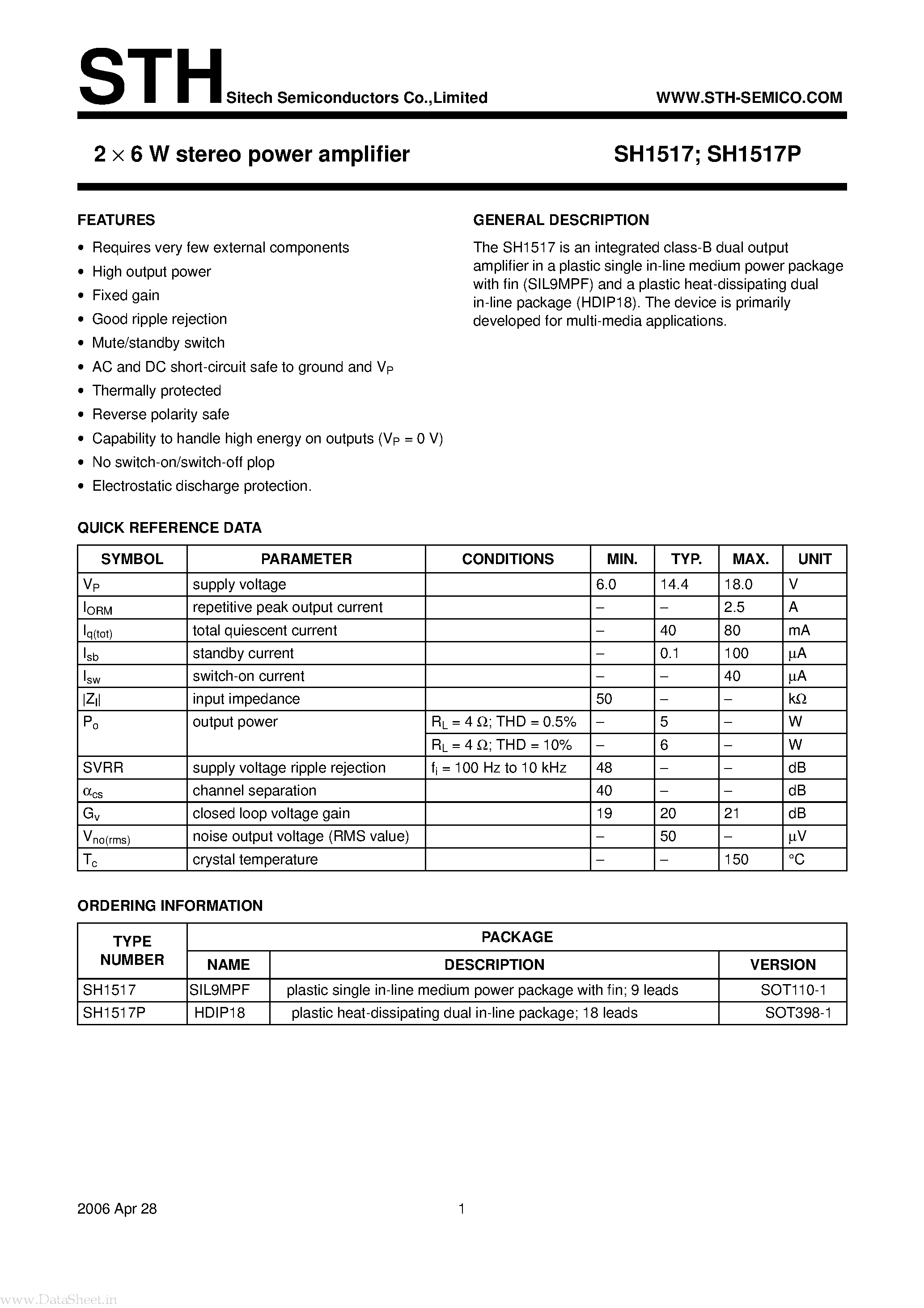 Datasheet SH1517 - 2 X 6W Stereo Power Amplifier page 1