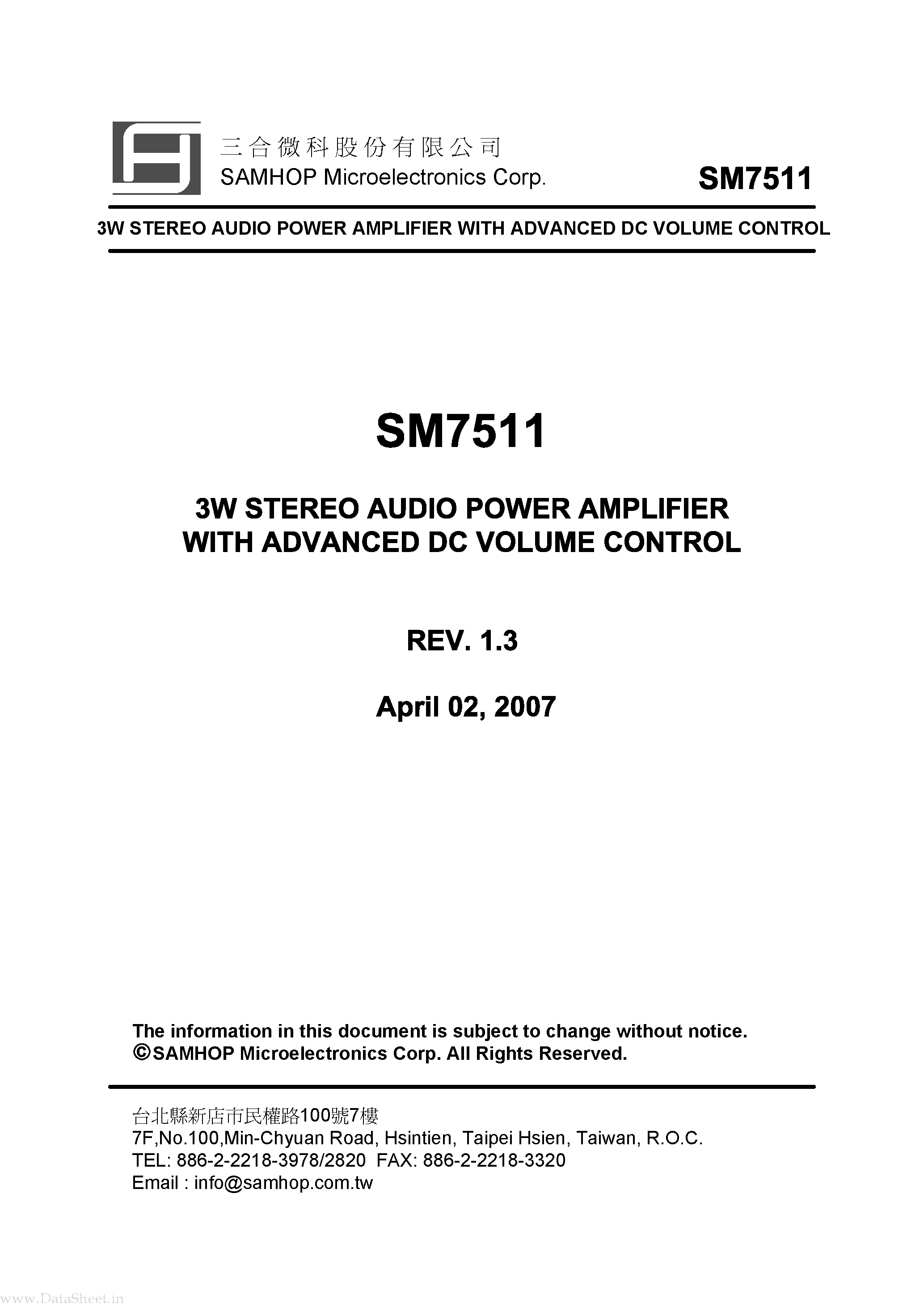 Datasheet SM7511 page 1 Datasheet SM7511 - 3W STEREO AUDIO POWER AMPLIFIER page 1