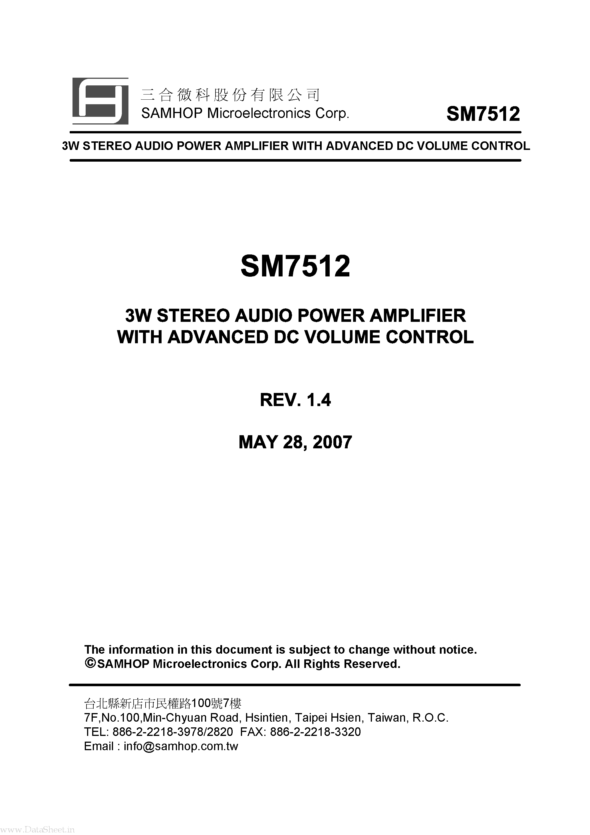 Datasheet SM7512 page 1 Datasheet SM7512 - 3W STEREO AUDIO POWER AMPLIFIER page 1