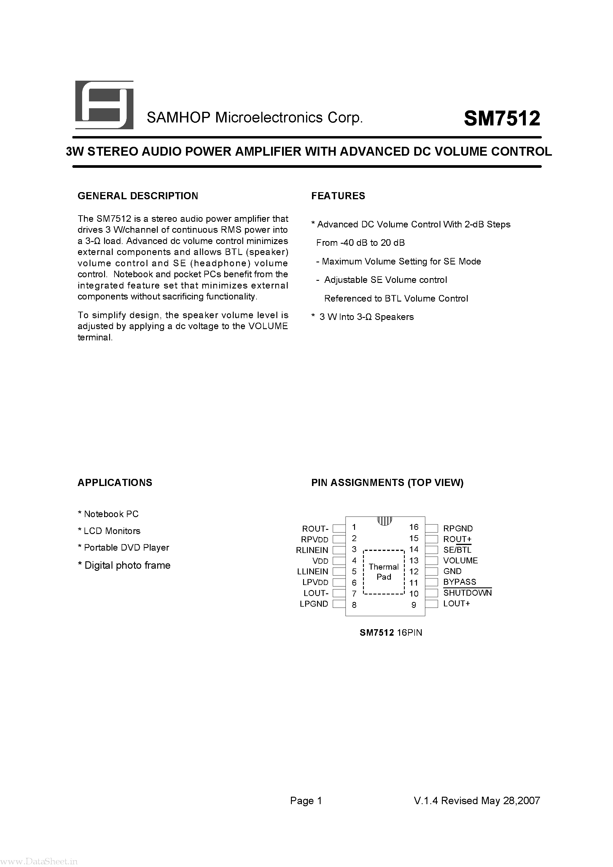Datasheet SM7512 page 2 Datasheet SM7512 - 3W STEREO AUDIO POWER AMPLIFIER page 2