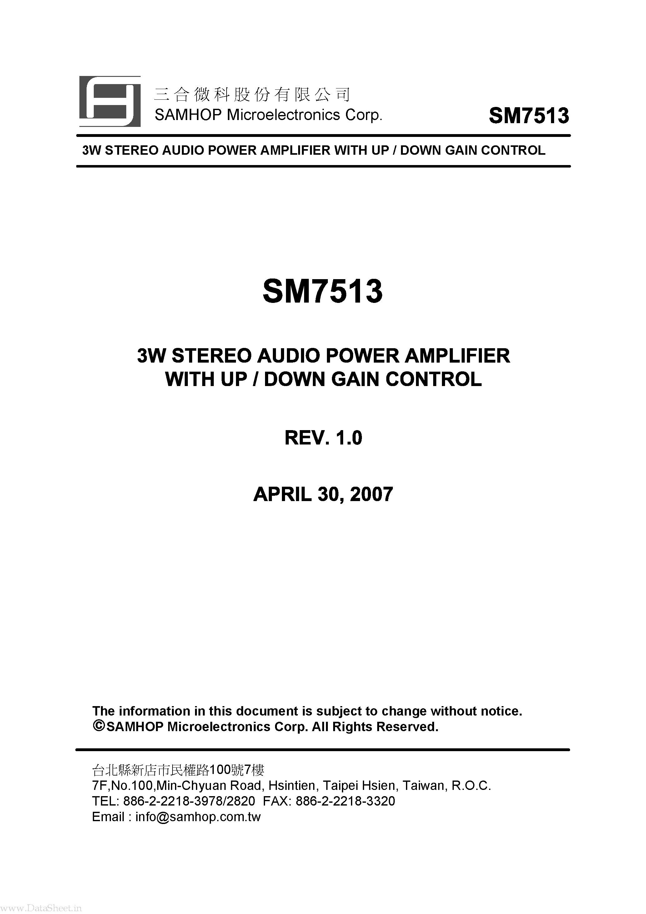 Datasheet SM7513 page 1 Datasheet SM7513 - 3W STEREO AUDIO POWER AMPLIFIER page 1