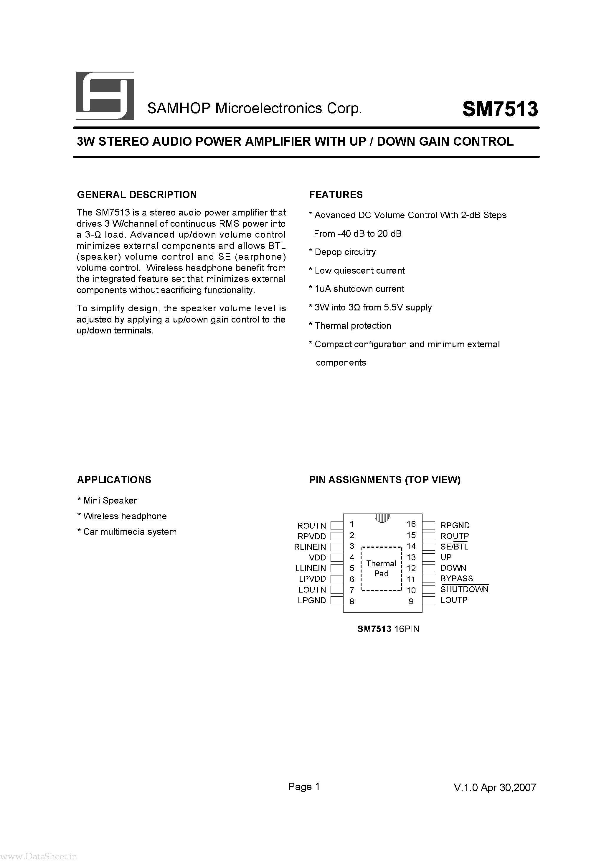 Datasheet SM7513 page 2 Datasheet SM7513 - 3W STEREO AUDIO POWER AMPLIFIER page 2