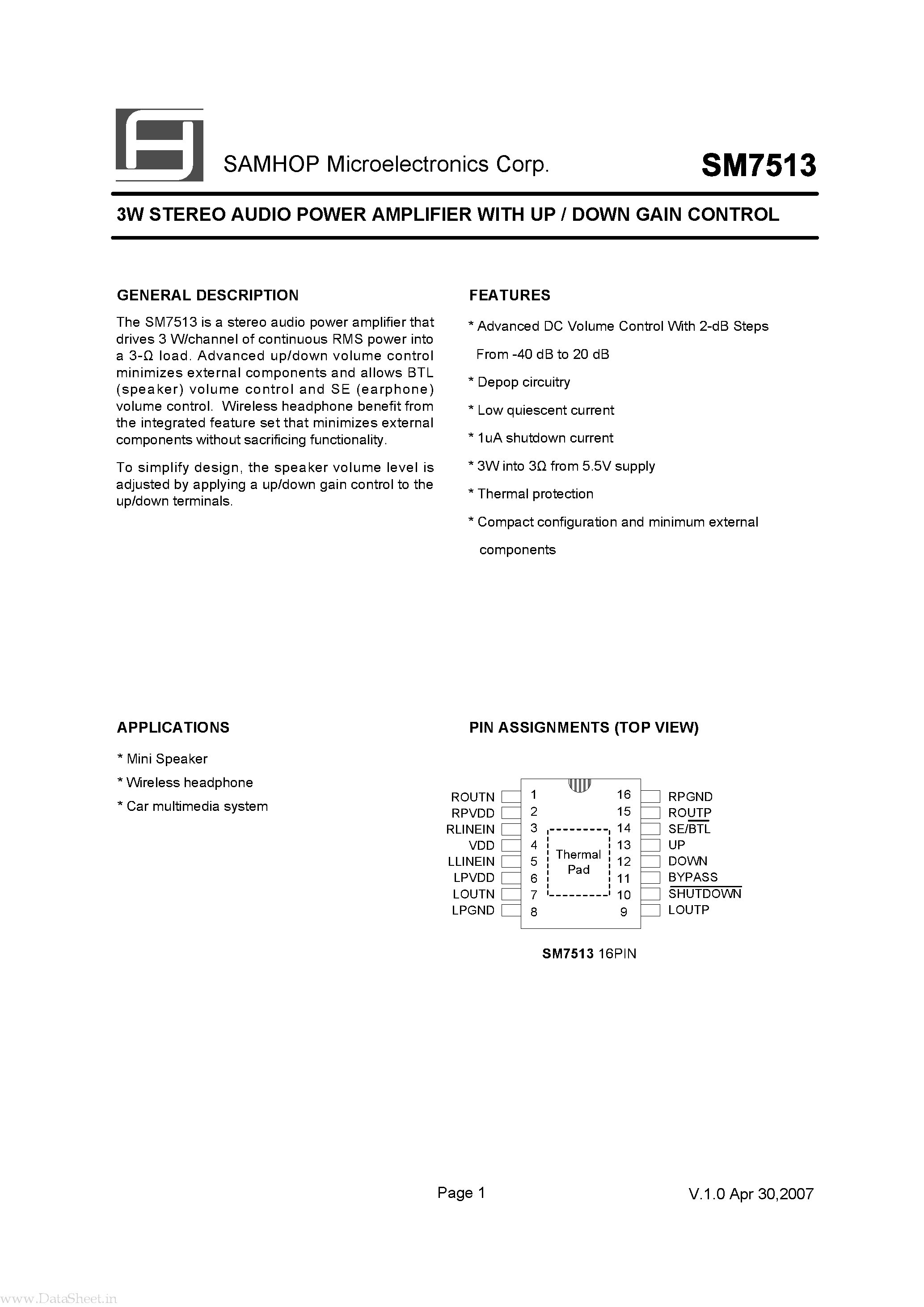 Datasheet SM7513 - 3W STEREO AUDIO POWER AMPLIFIER page 2