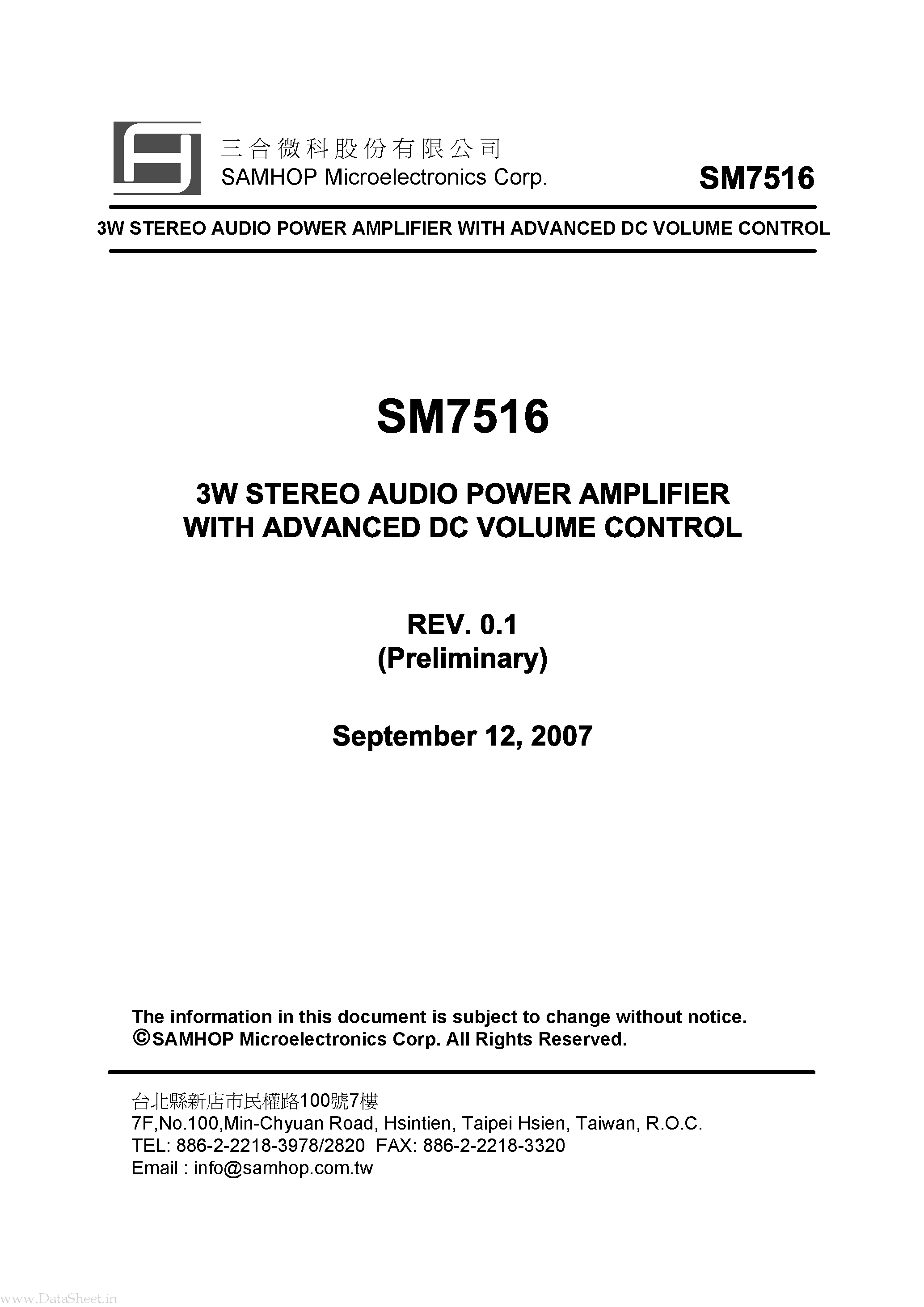Даташит SM7516 - 3W STEREO AUDIO POWER AMPLIFIER страница 1