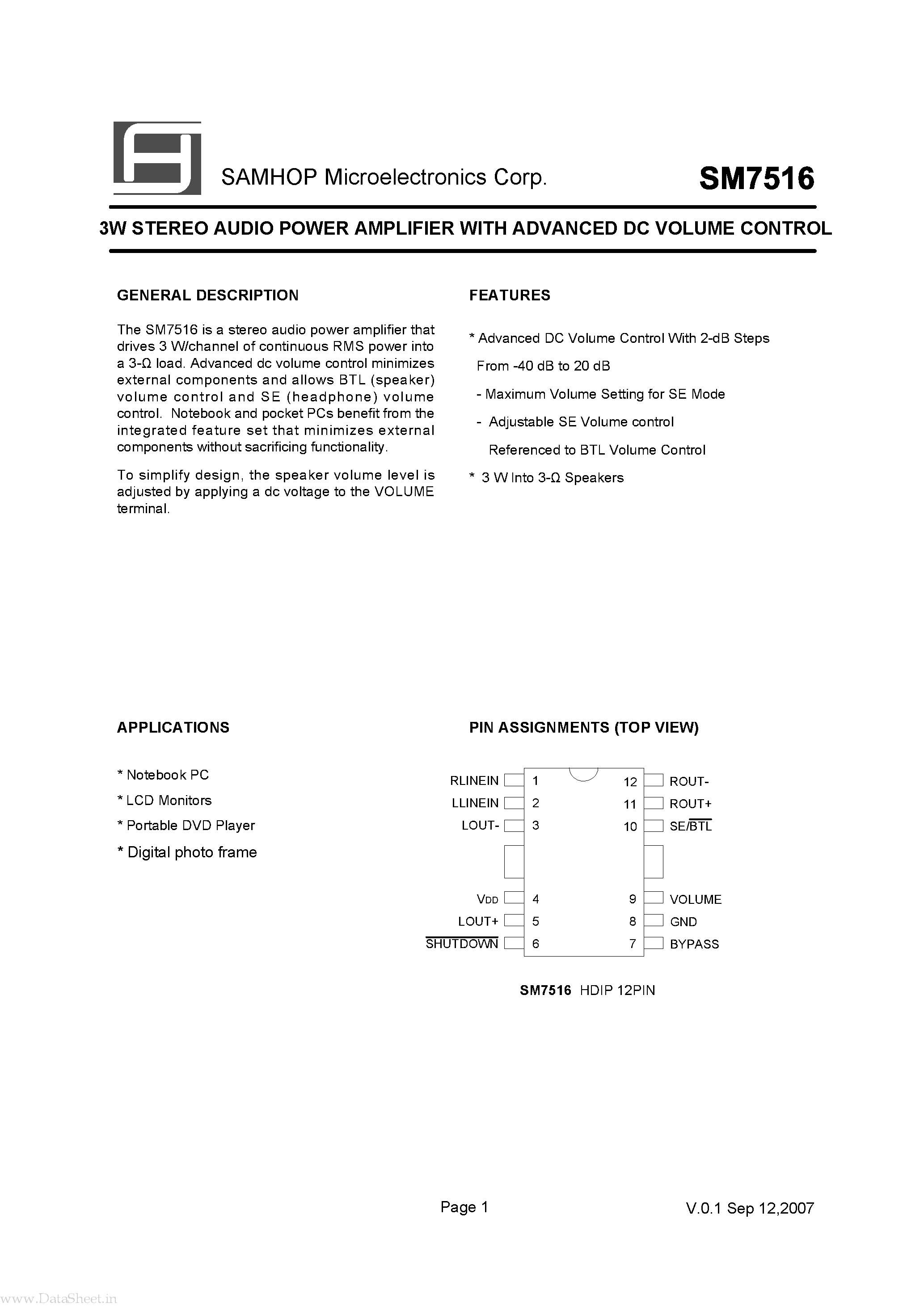 Datasheet SM7516 page 2 Datasheet SM7516 - 3W STEREO AUDIO POWER AMPLIFIER page 2