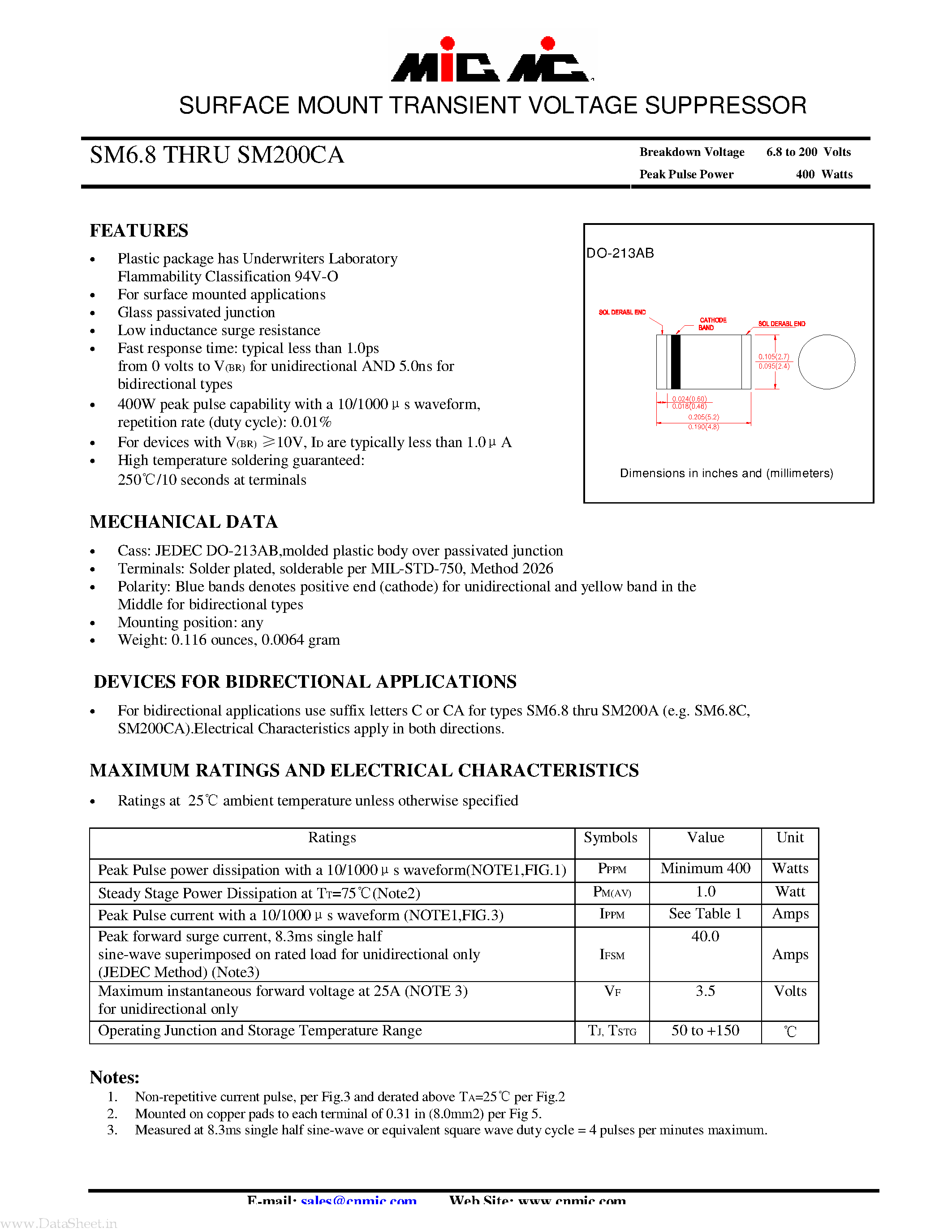 Datasheet SM75 page 1 Datasheet SM75 - SURFACE MOUNT TRANSIENT VOLTAGE SUPPRESSOR page 1