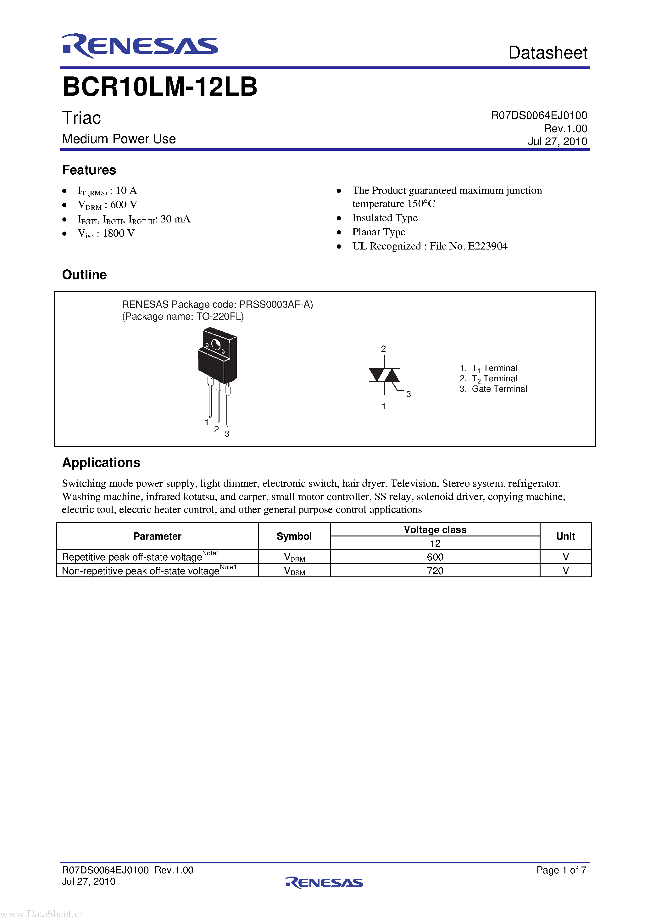 Даташит BCR10LM-12LB - Triac страница 1