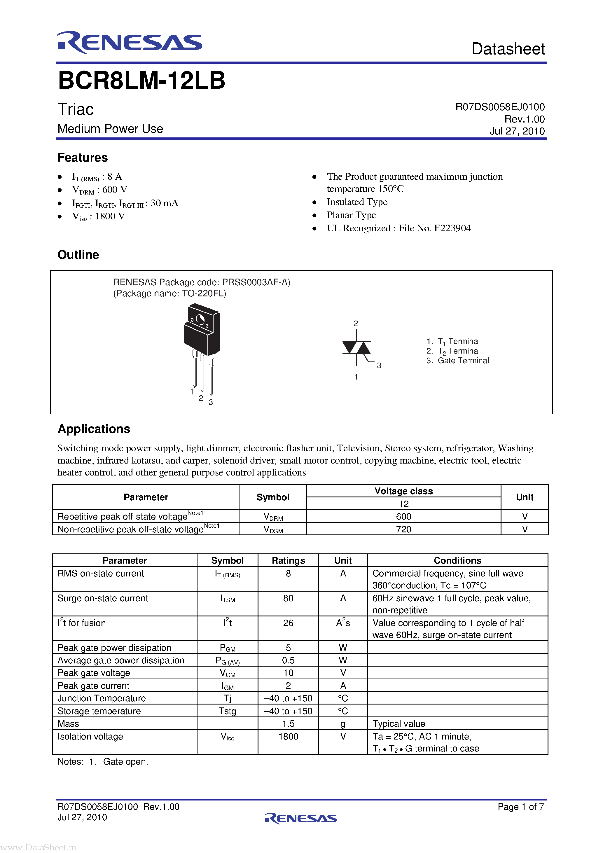 Datasheet BCR8LM-12LB - Triac page 1