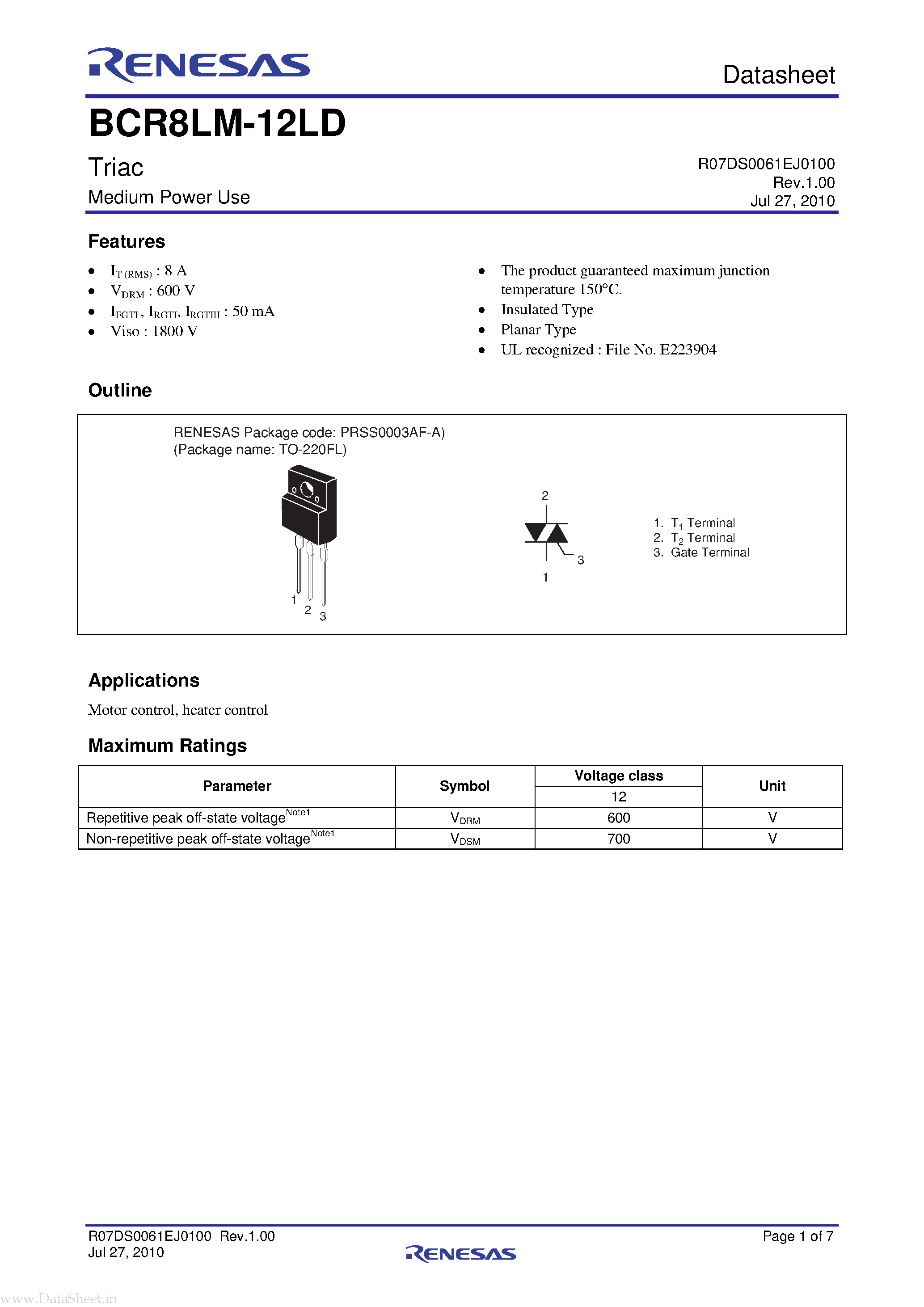 Datasheet BCR8LM-12LD - Triac page 1