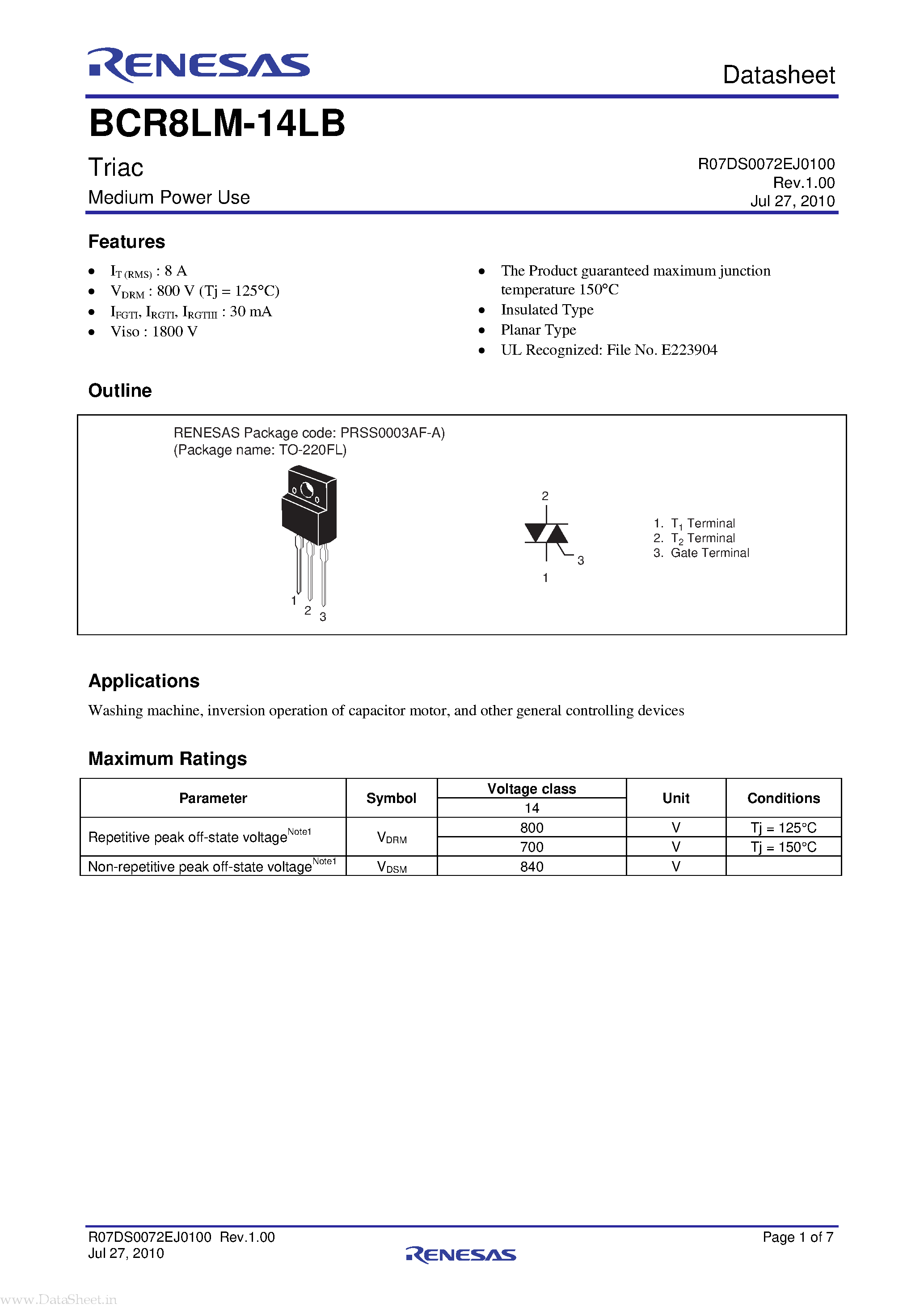 Datasheet BCR8LM-14LB - Triac page 1