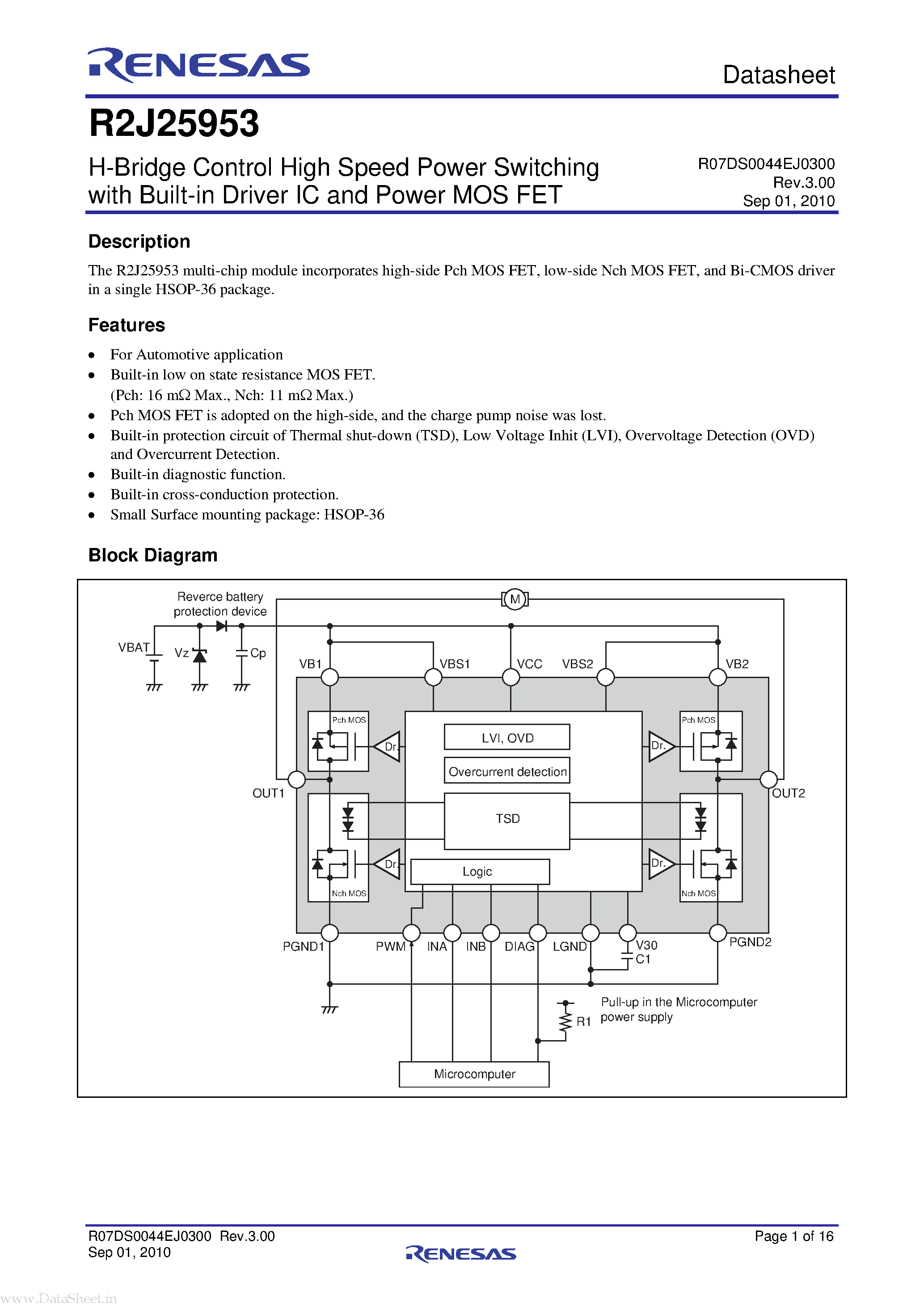 Даташит на микросхему R2J25953 страница 1 Даташит R2J25953 - H-Bridge Control High Speed Power Switching страница 1