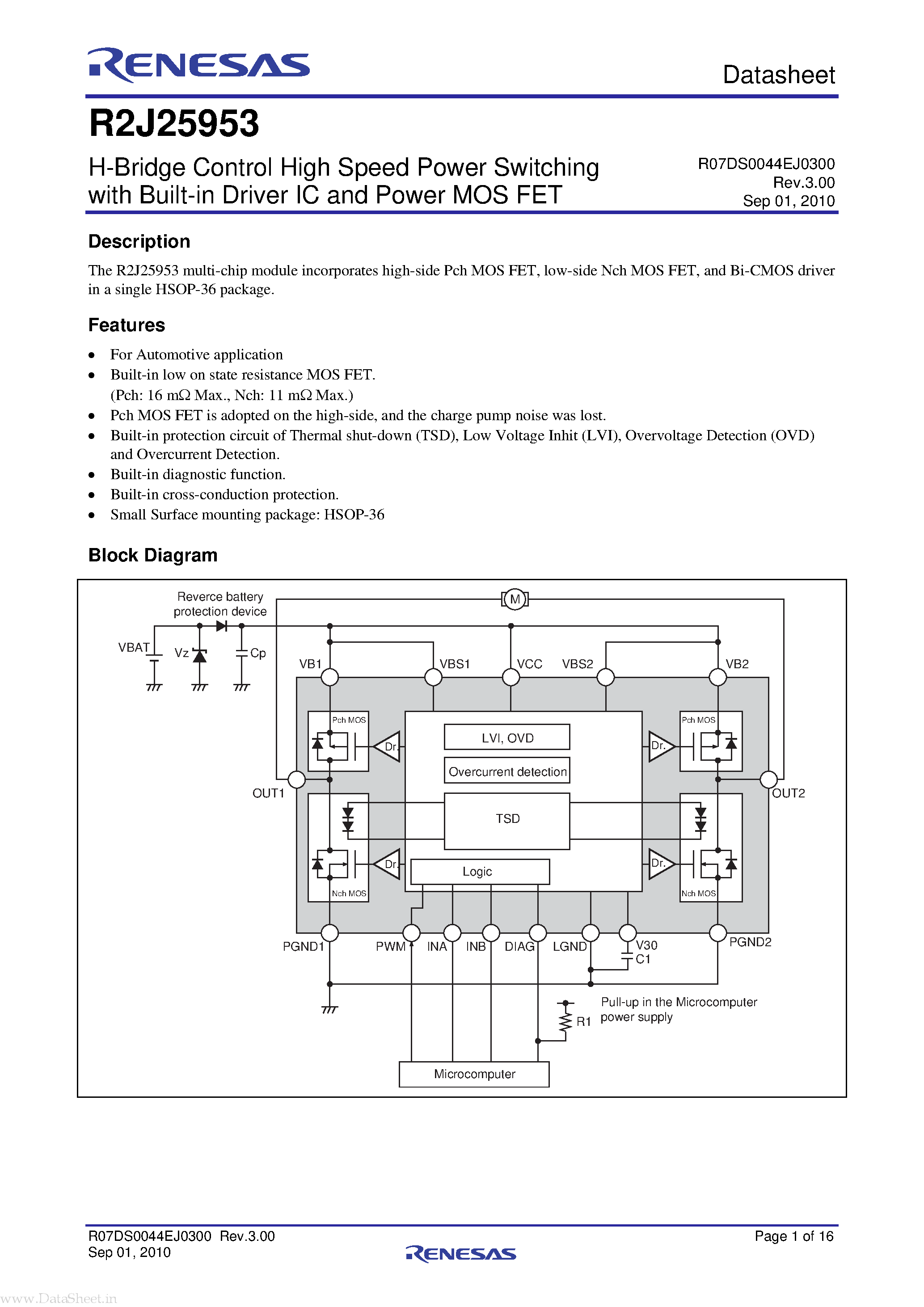 Datasheet R2J25953 - H-Bridge Control High Speed Power Switching page 1
