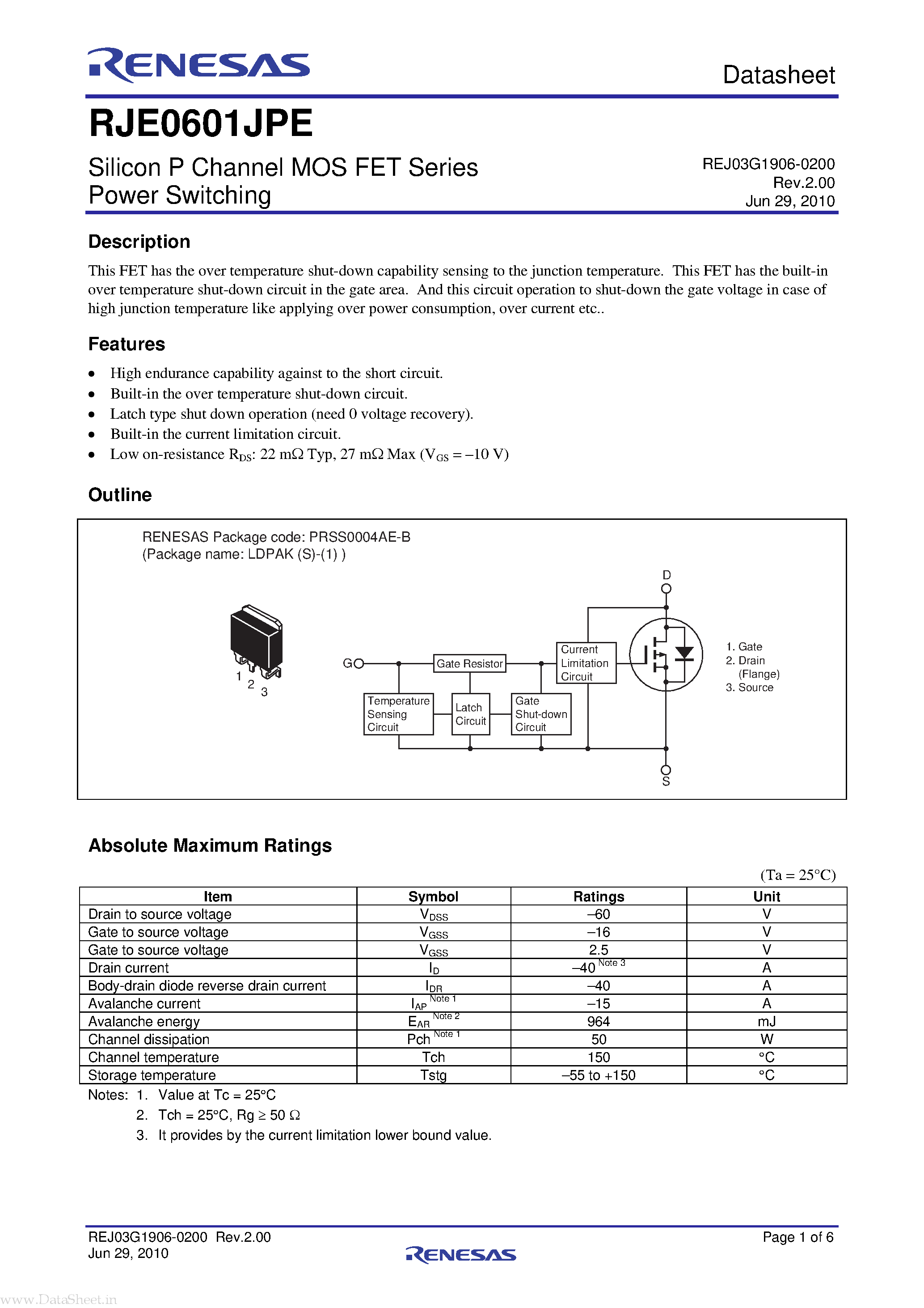 Даташит RJE0601JPE - Silicon P Channel MOS FET Series Power Switching страница 1