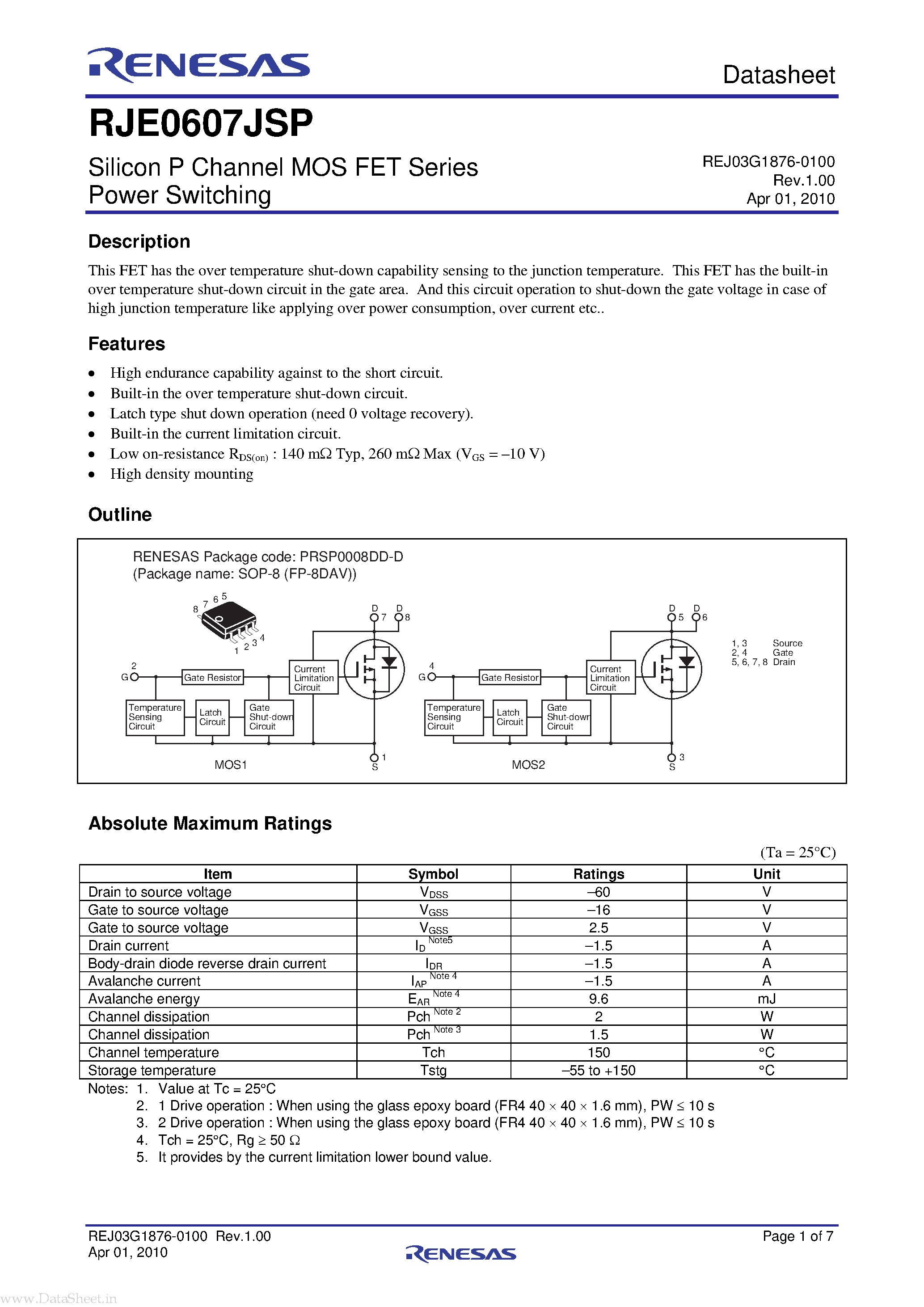 Даташит RJE0607JSP - Silicon P Channel MOS FET Series Power Switching страница 1