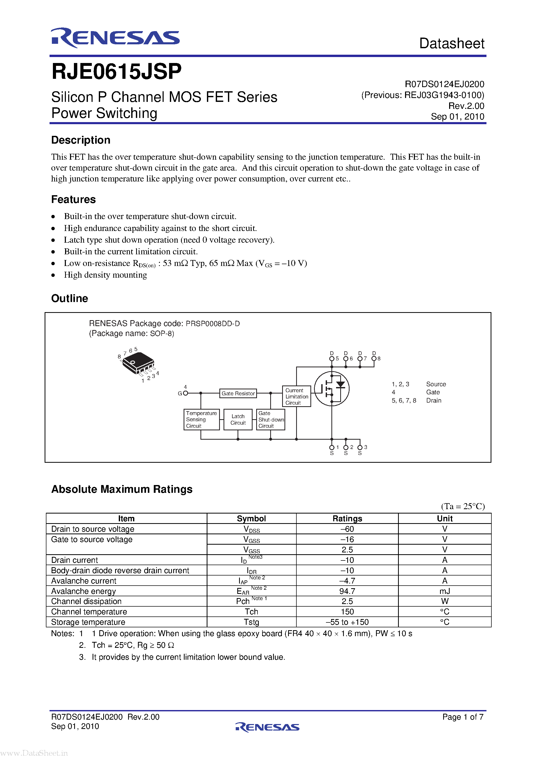 Даташит RJE0615JSP - Silicon P Channel MOS FET Series Power Switching страница 1
