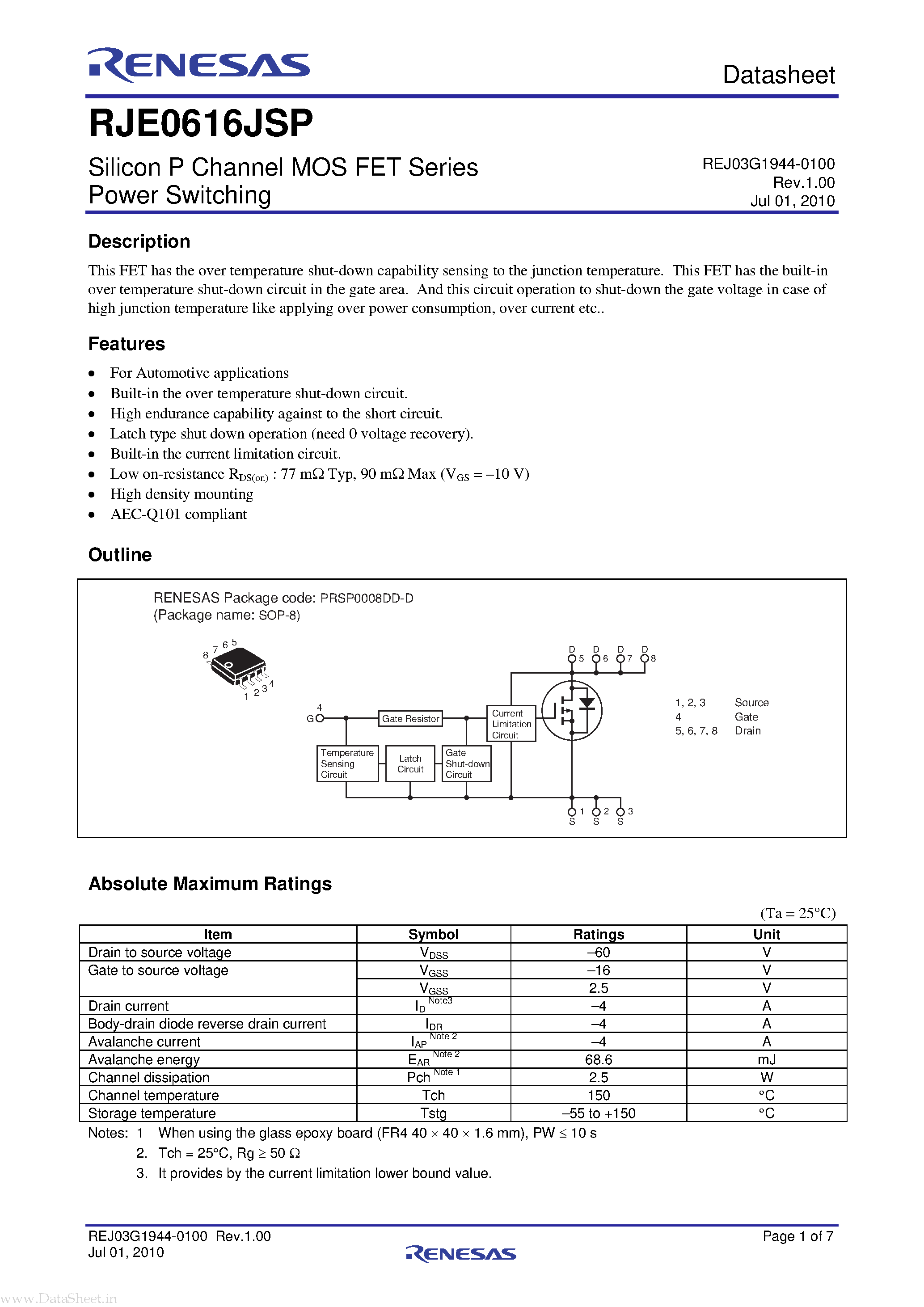 Даташит RJE0616JSP - Silicon P Channel MOS FET Series Power Switching страница 1