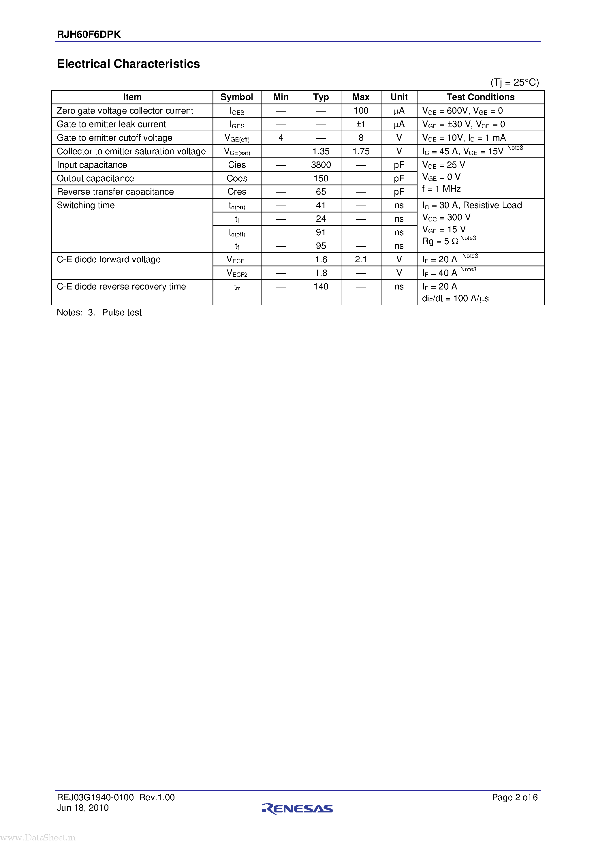 Даташит на микросхему RJH60F6DPK страница 2 Даташит RJH60F6DPK - Silicon N Channel IGBT High Speed Power Switching страница 2