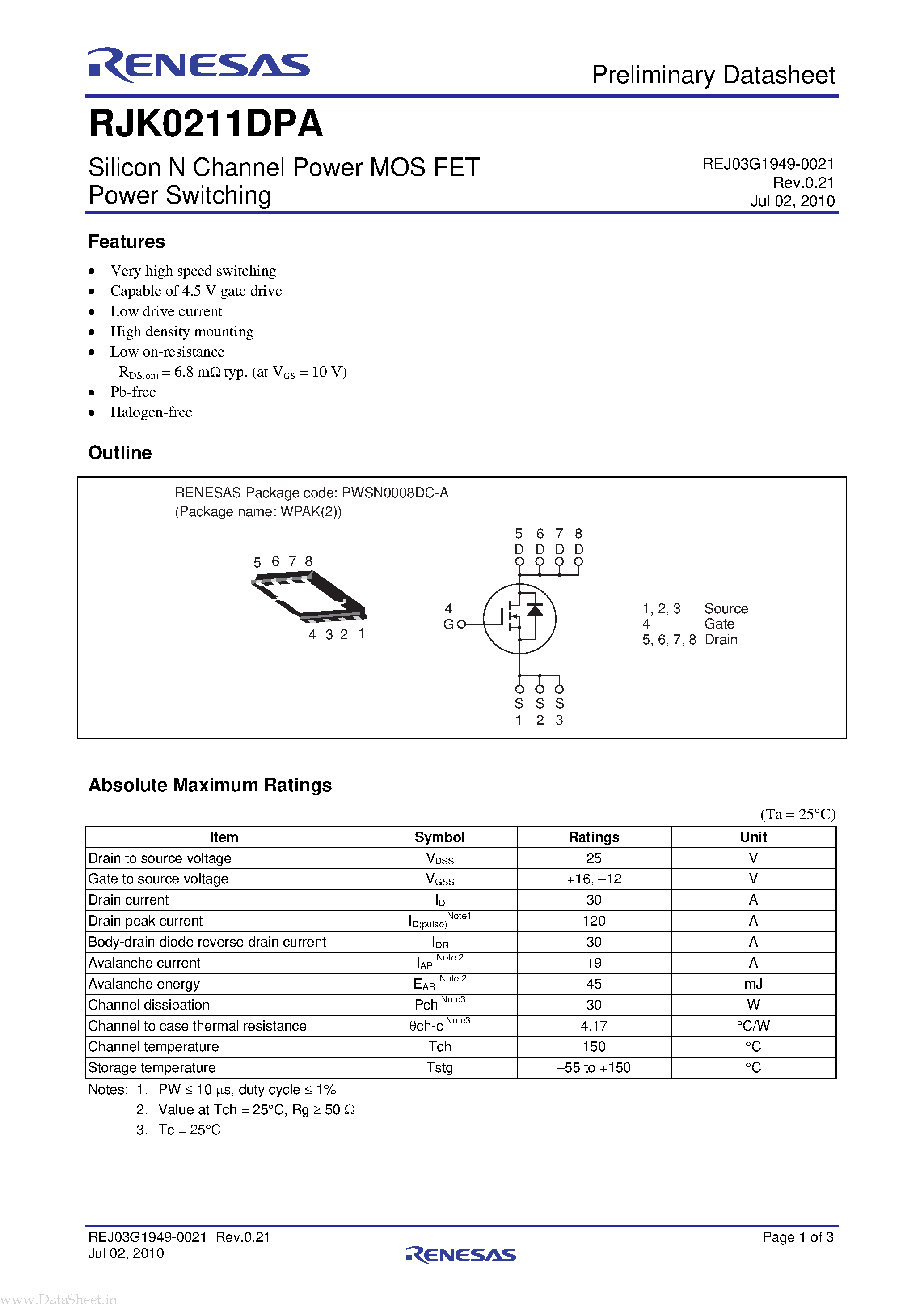 Datasheet RJK0211DPA page 1 Datasheet RJK0211DPA - Silicon N Channel Power MOS FET Power Switching page 1