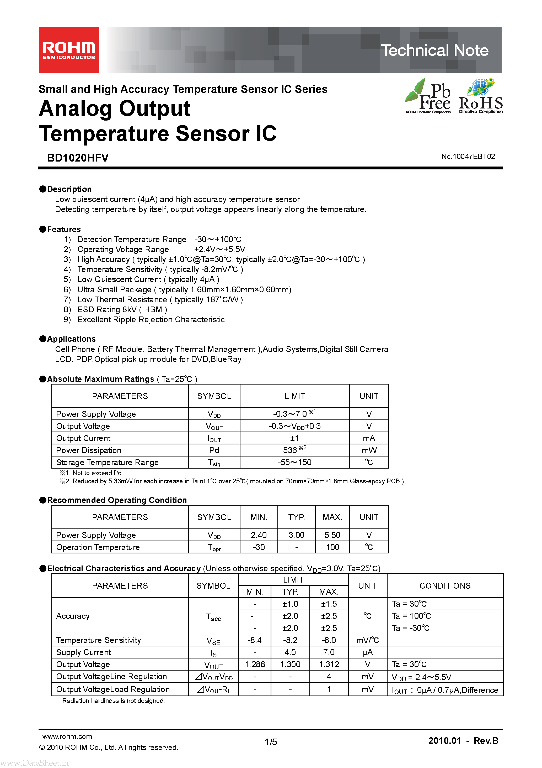 Даташит BD1020HFV - Analog Output Temperature Sensor IC страница 1
