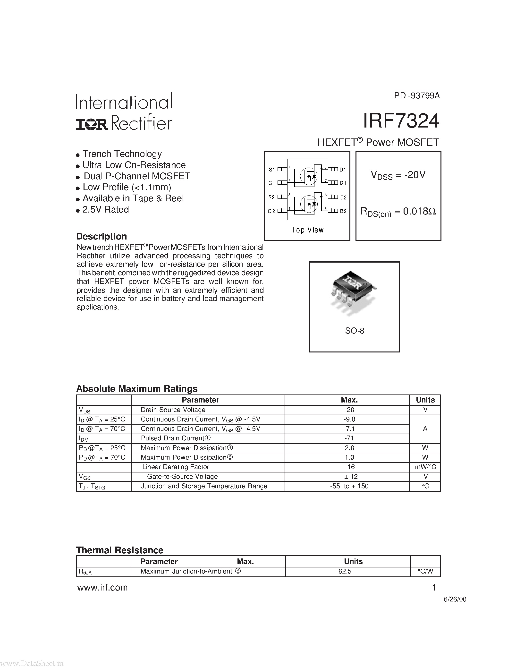 Datasheet IRF7324 page 1 Datasheet IRF7324 - Power MOSFET page 1