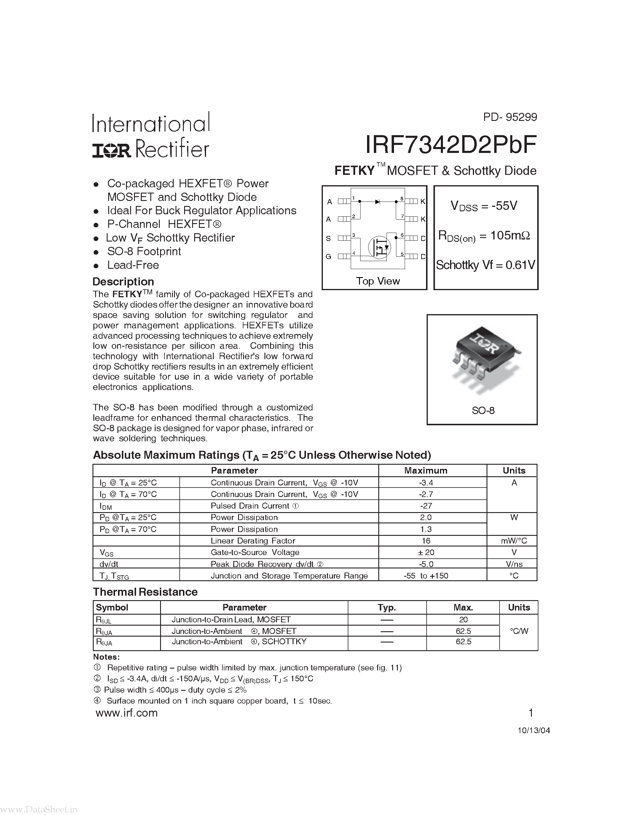 Datasheet IRF7342D2PBF - MOSFET & Schottky Diode page 1