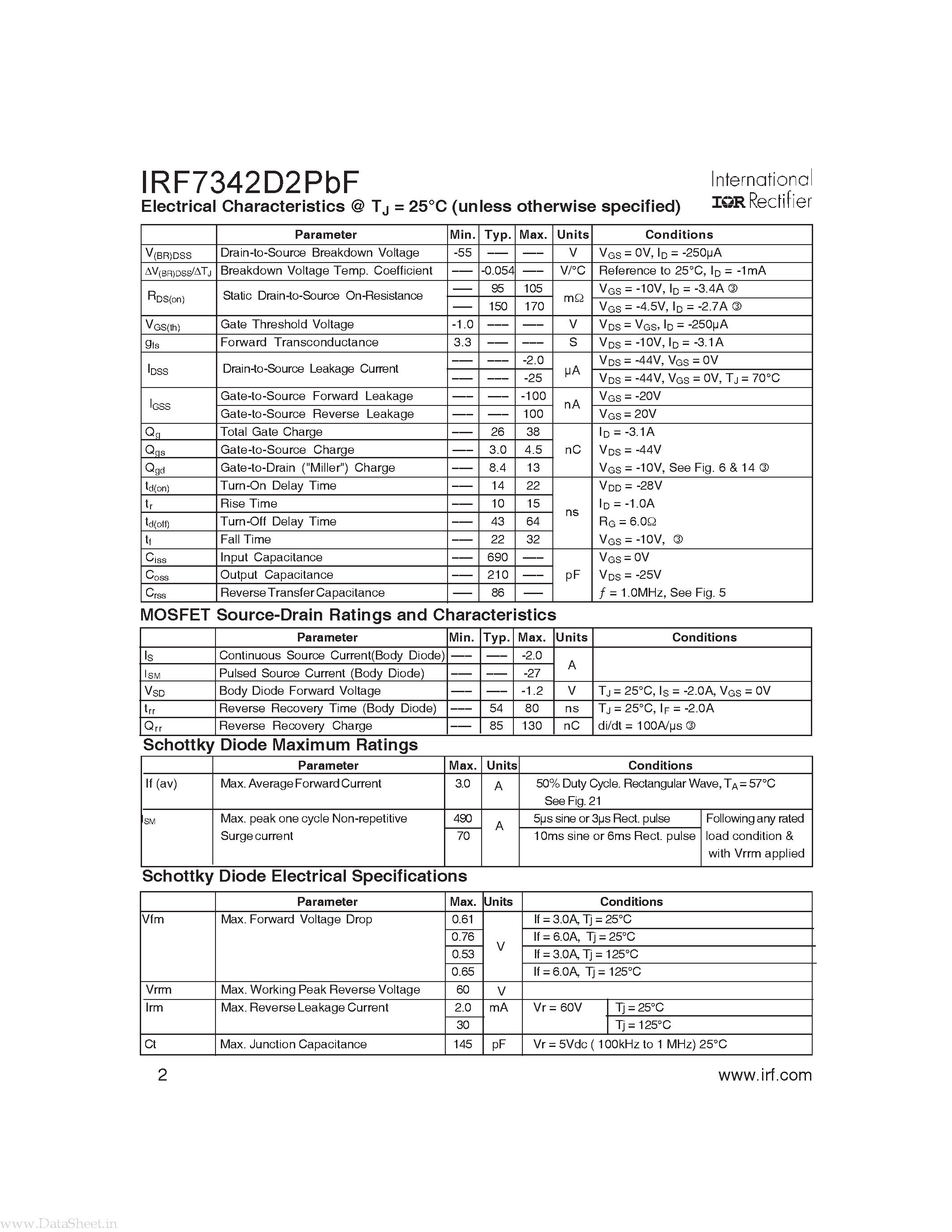 Datasheet IRF7342D2PBF - MOSFET & Schottky Diode page 2