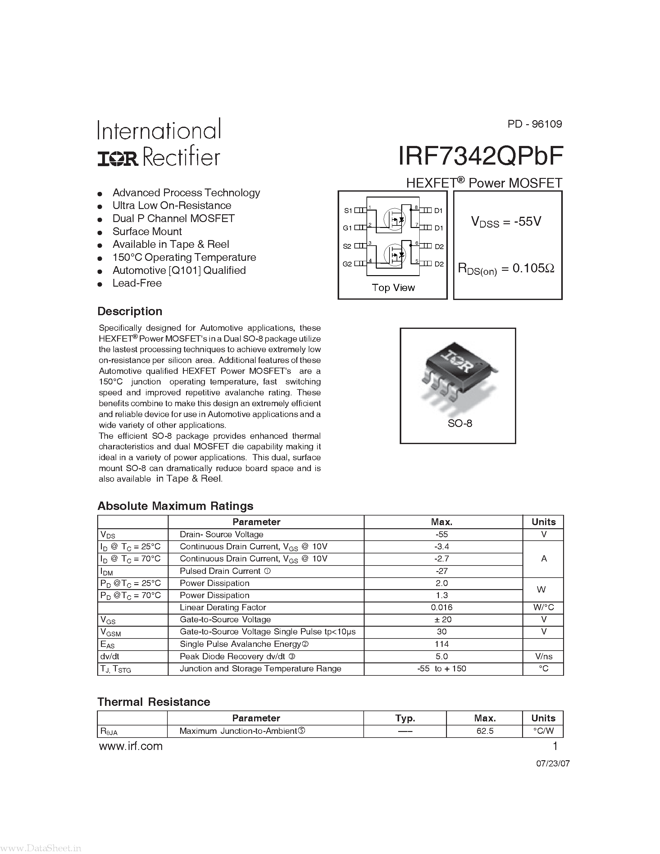 Datasheet IRF7342QPBF - Power MOSFET page 1