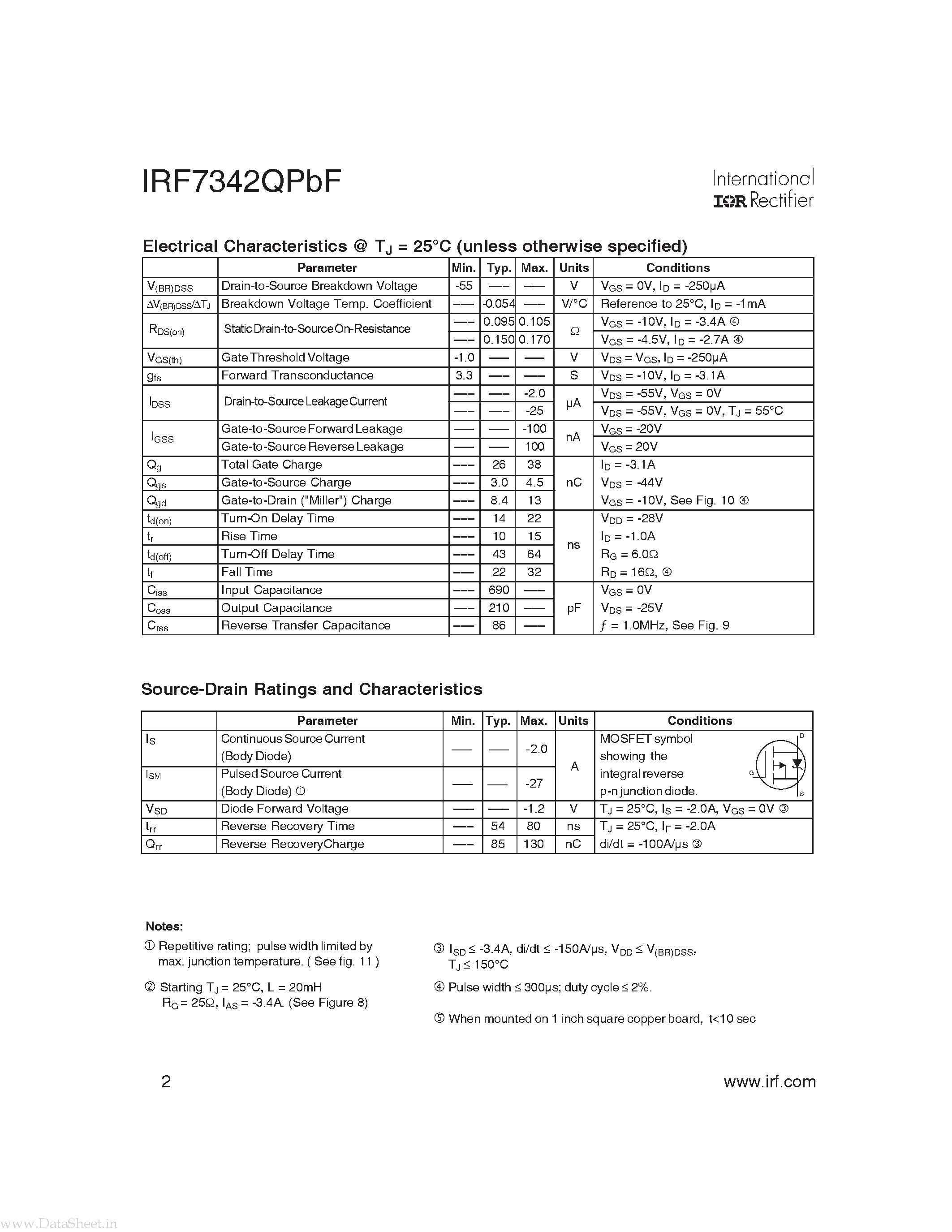 Datasheet IRF7342QPBF - Power MOSFET page 2