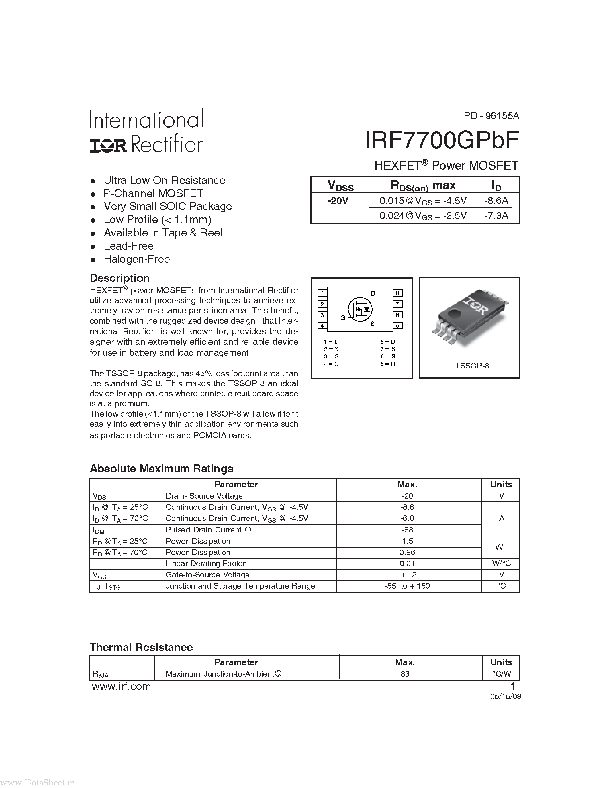 Datasheet IRF7700GPBF - Power MOSFET page 1