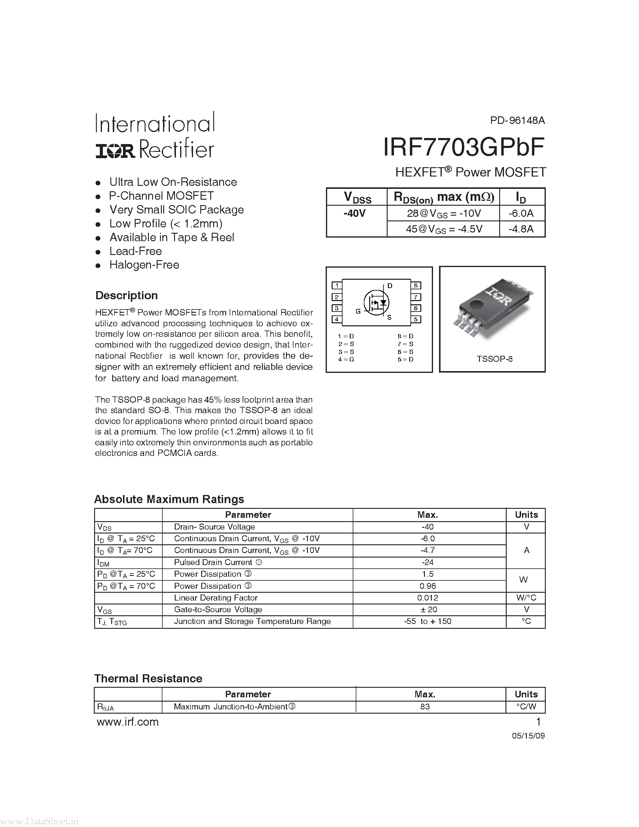 Datasheet IRF7703GPBF page 1 Datasheet IRF7703GPBF - Power MOSFET page 1