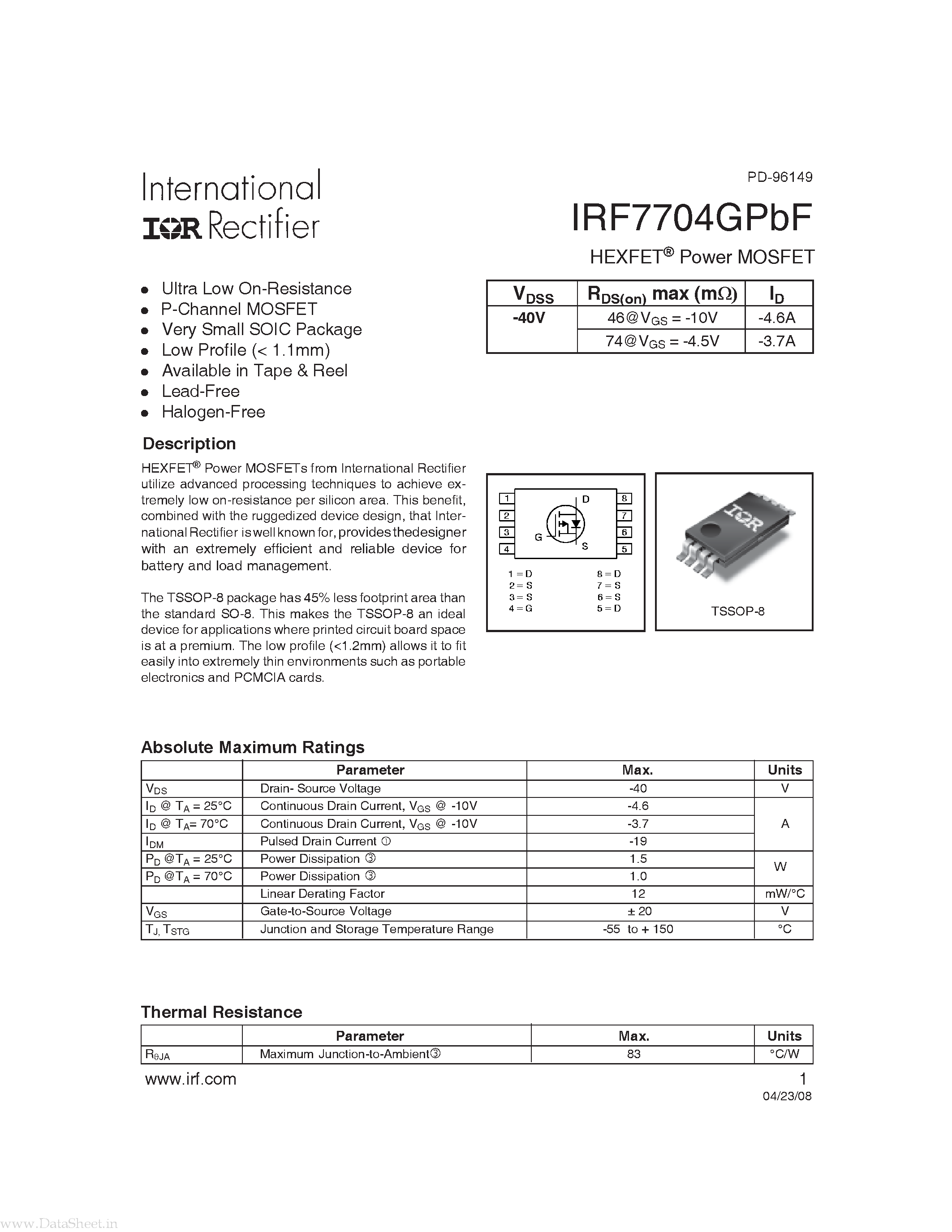 Datasheet IRF7704GPBF page 1 Datasheet IRF7704GPBF - Power MOSFET page 1
