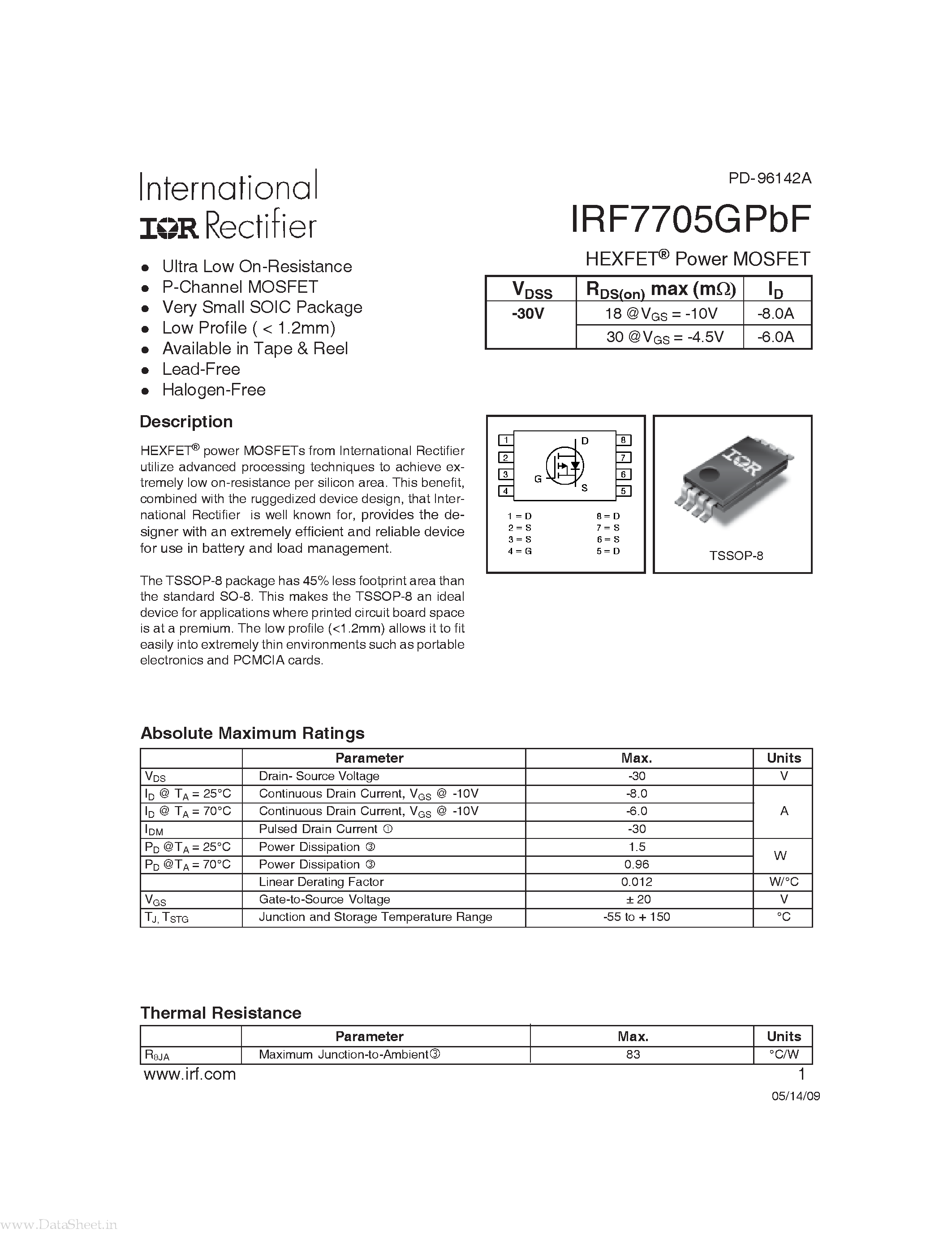 Datasheet IRF7705GPBF page 1 Datasheet IRF7705GPBF - Power MOSFET page 1