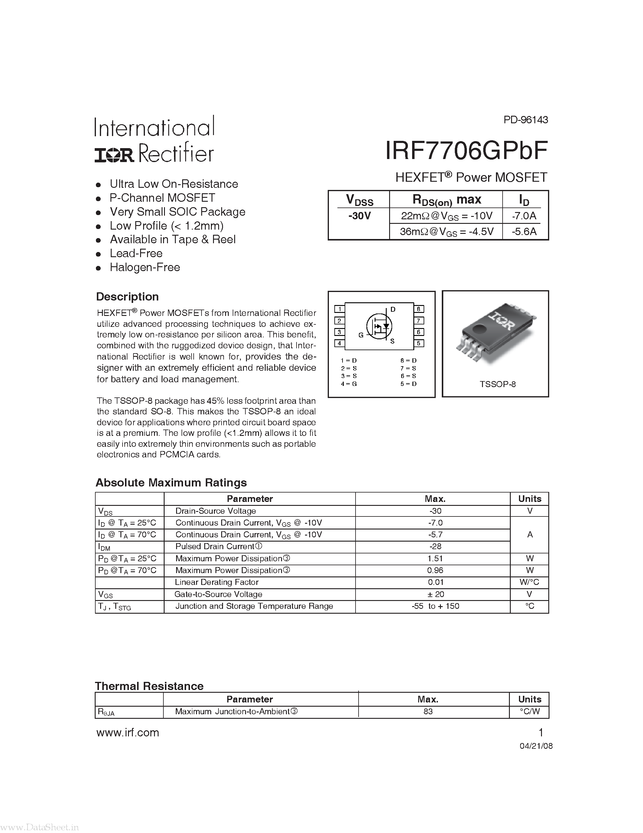 Datasheet IRF7706GPBF page 1 Datasheet IRF7706GPBF - Power MOSFET page 1