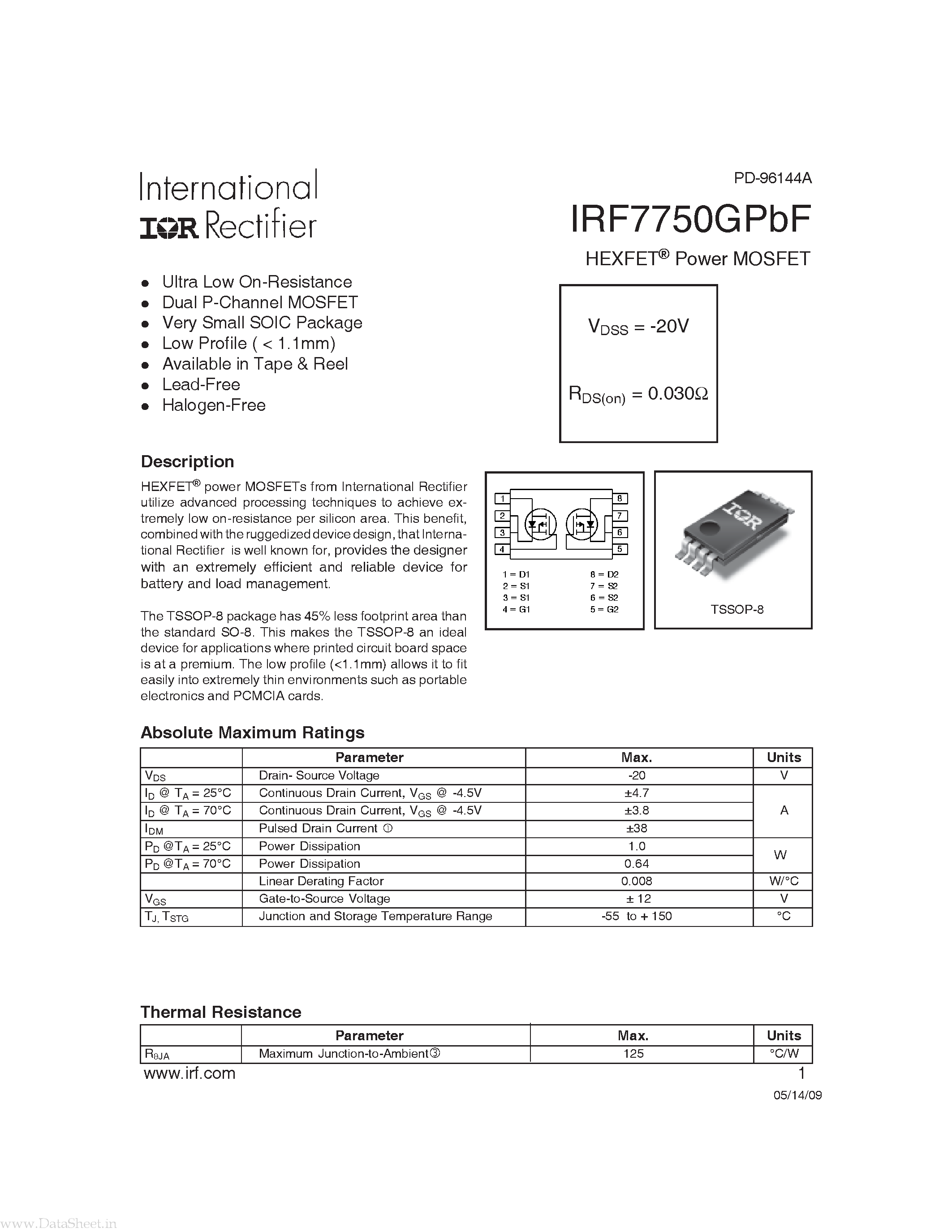 Datasheet IRF7750GPBF - Power MOSFET page 1