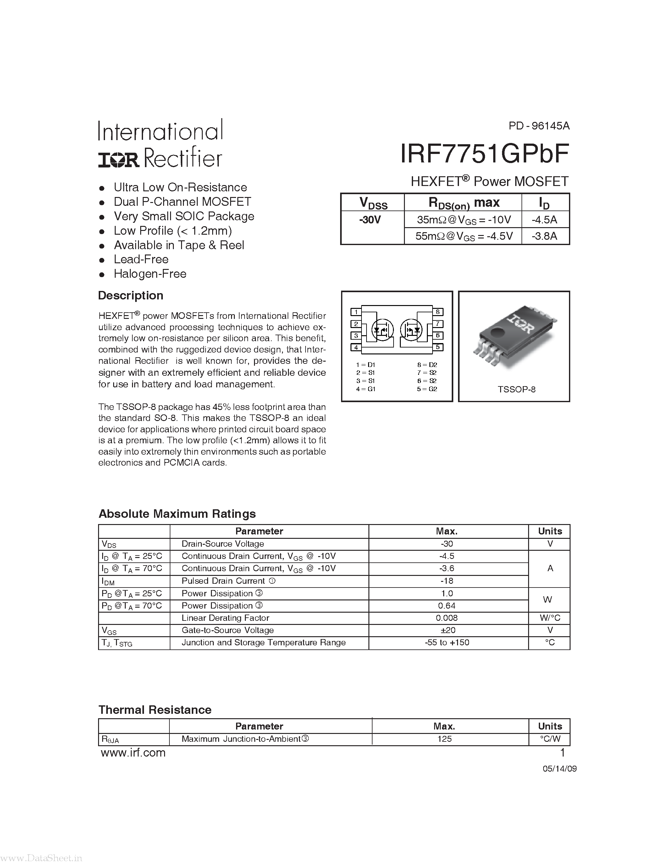 Datasheet IRF7751GPBF - Power MOSFET page 1