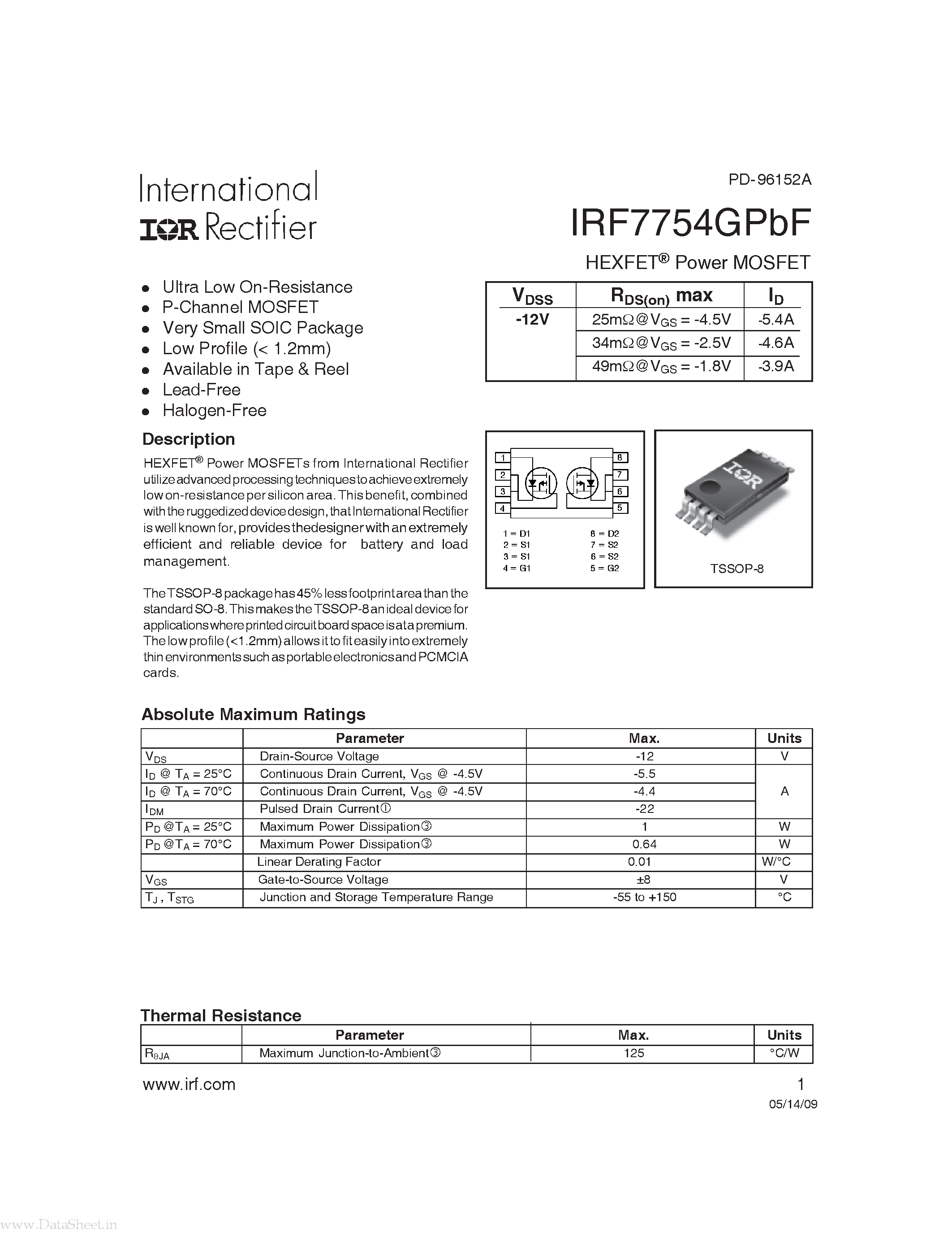 Datasheet IRF7754GPBF page 1 Datasheet IRF7754GPBF - Power MOSFET page 1