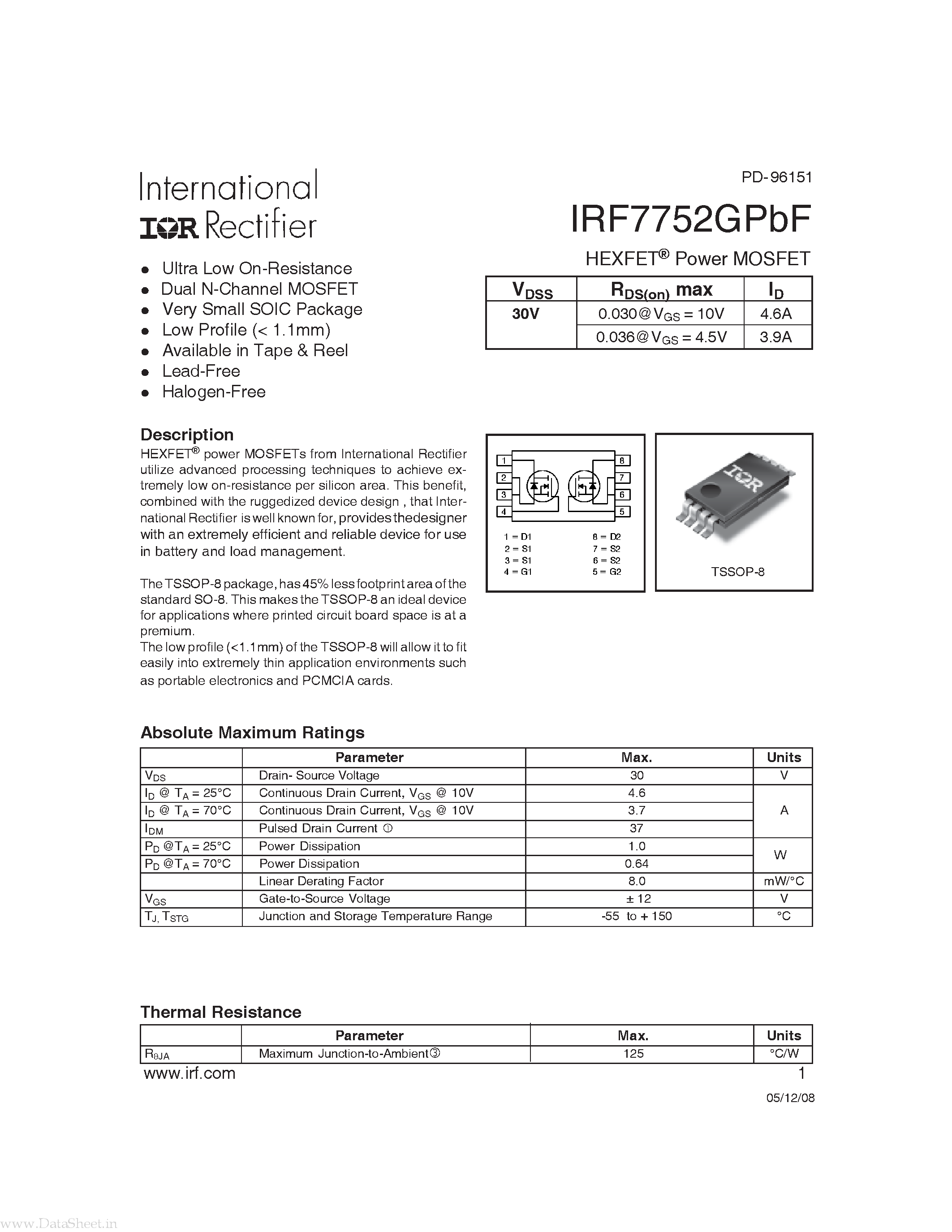 Datasheet IRF7752GPBF - Power MOSFET page 1