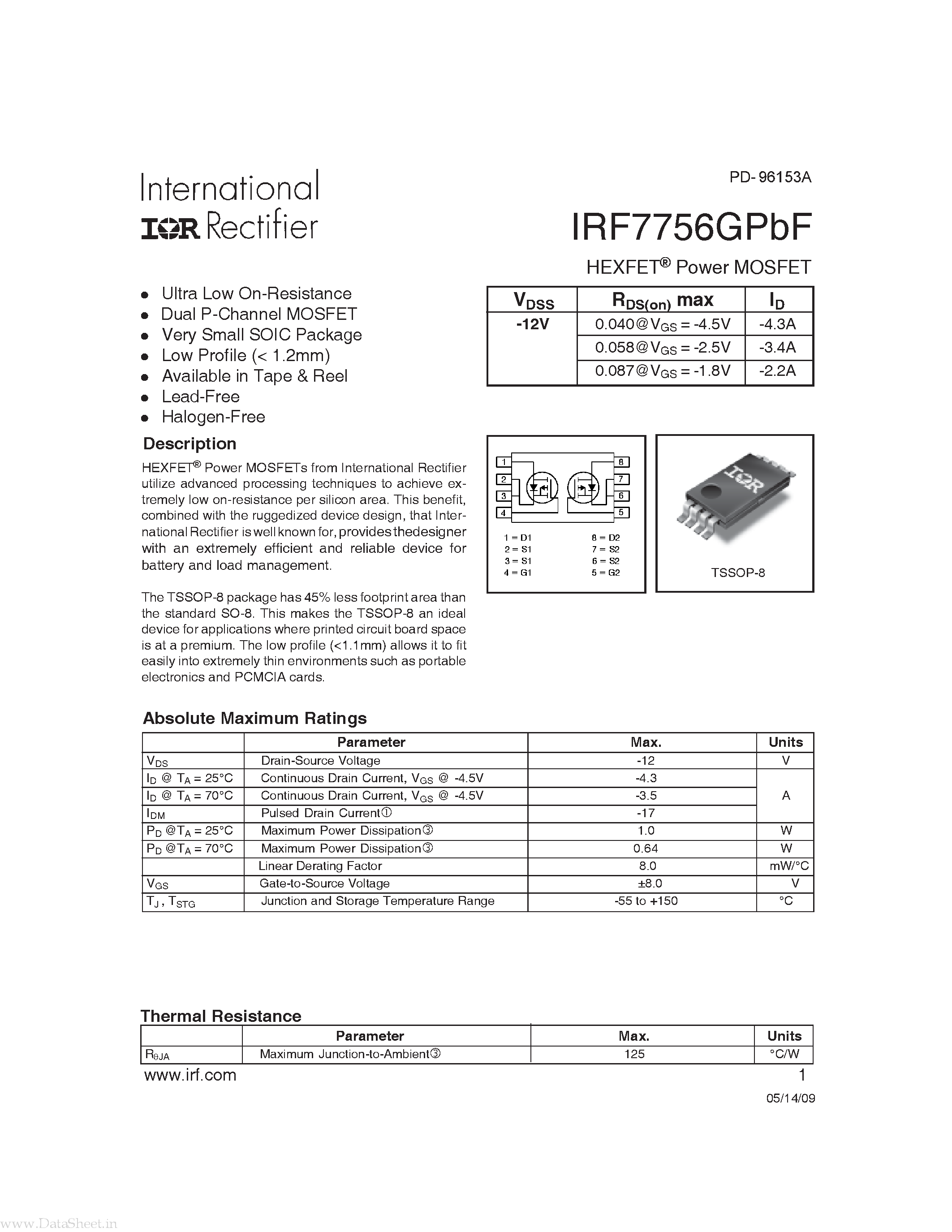 Datasheet IRF7756GPBF - Power MOSFET page 1