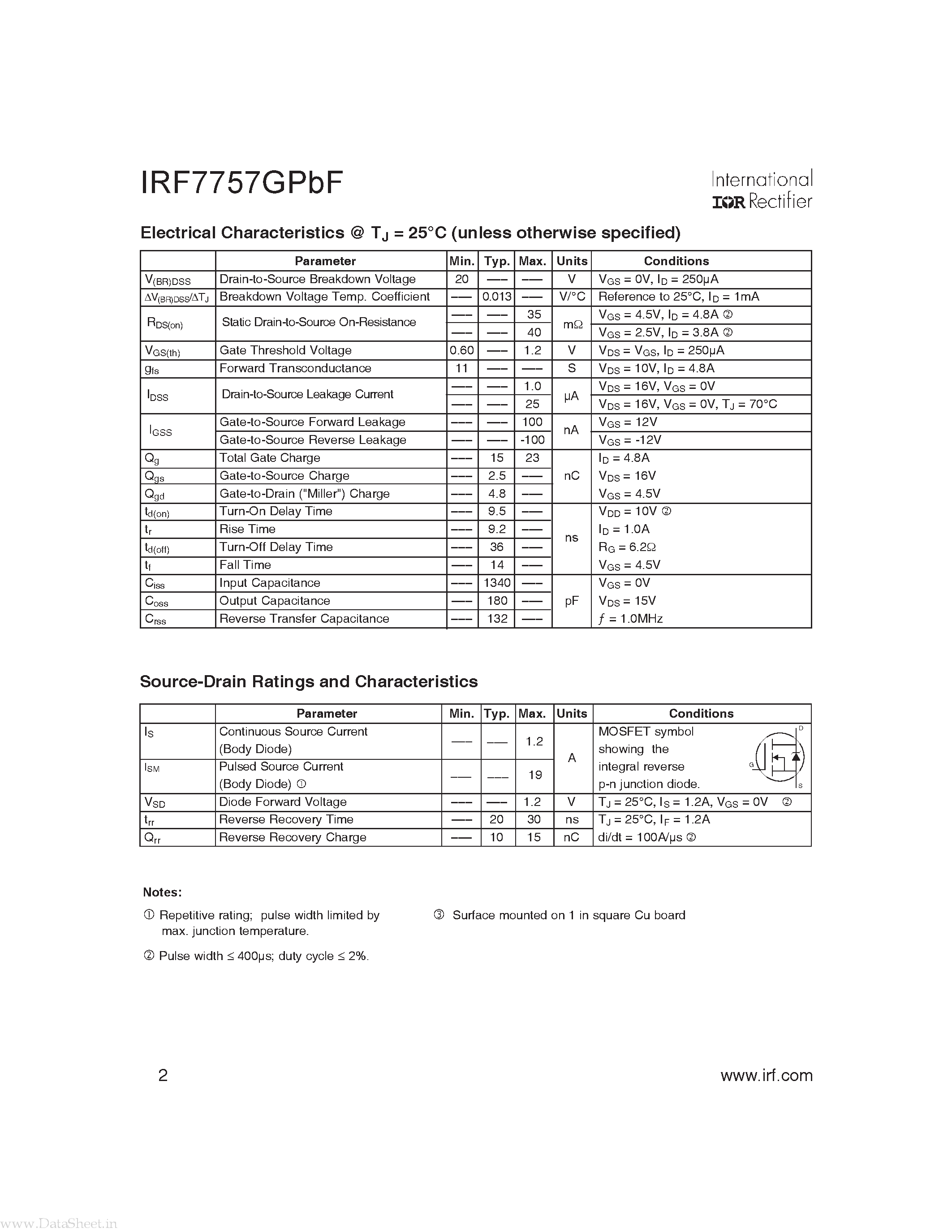 Datasheet IRF7757GPBF page 2 Datasheet IRF7757GPBF - Power MOSFET page 2