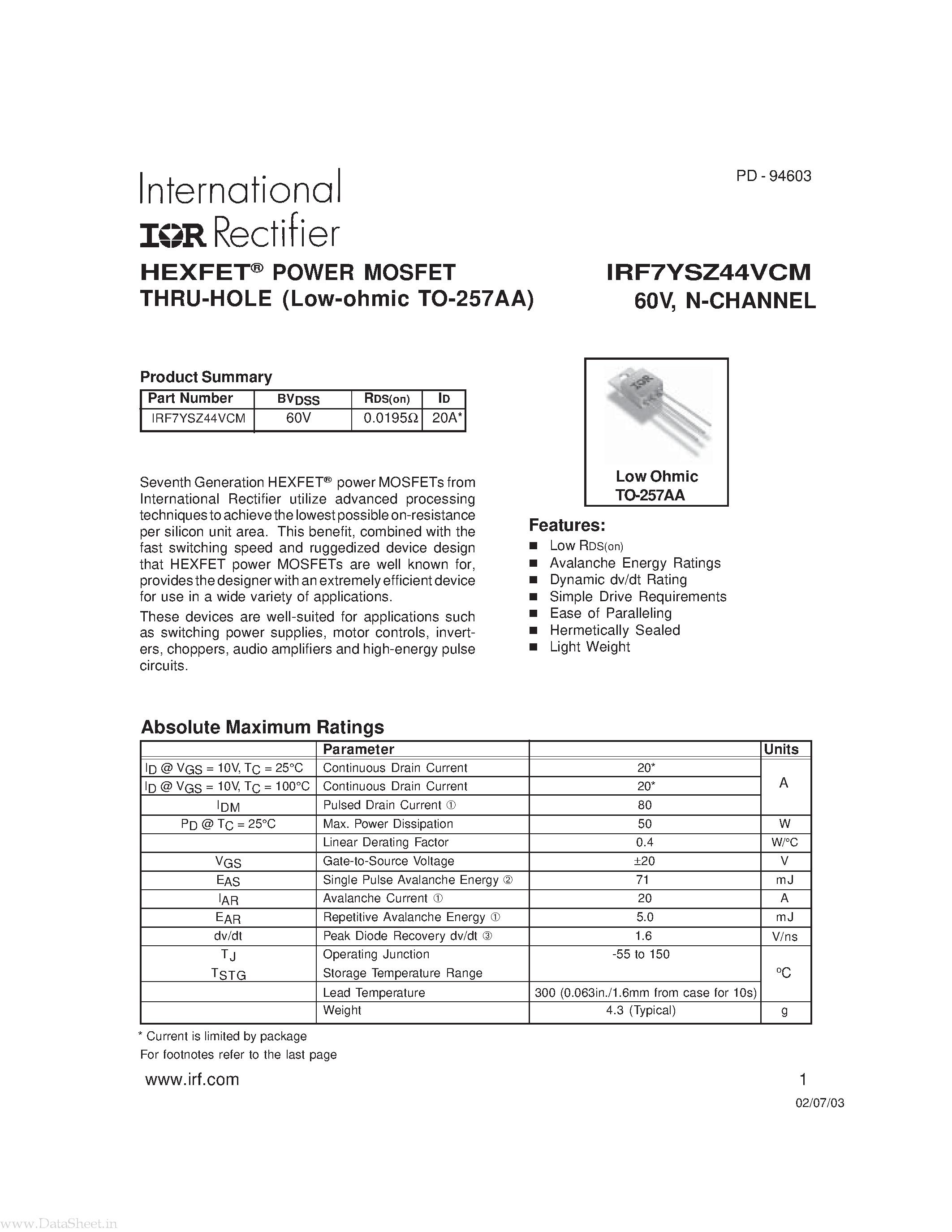 Datasheet IRF7YSZ44VCM - Power MOSFET page 1