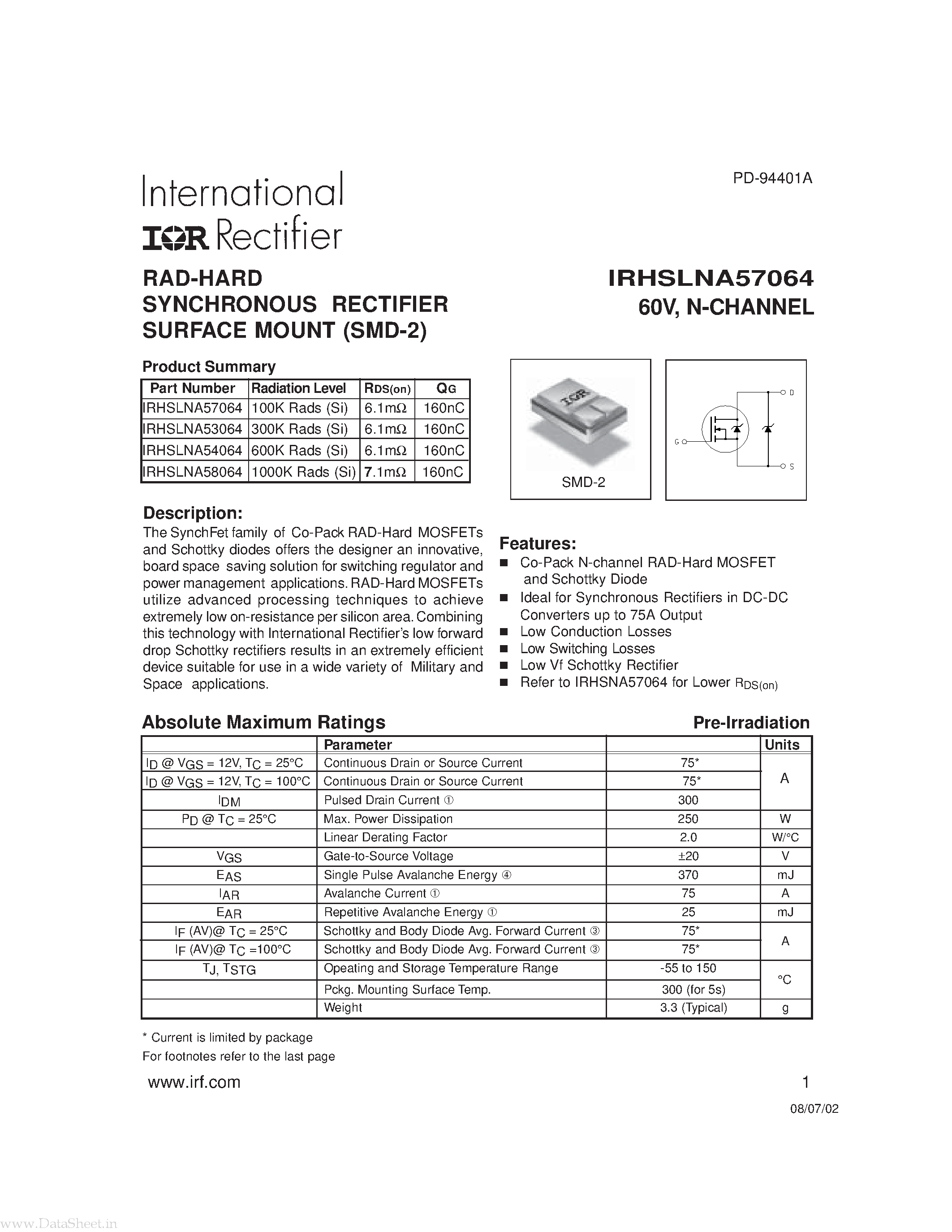 Datasheet IRHSLNA53064 - RAD-HARD SYNCHRONOUS RECTIFIER SURFACE MOUNT page 1