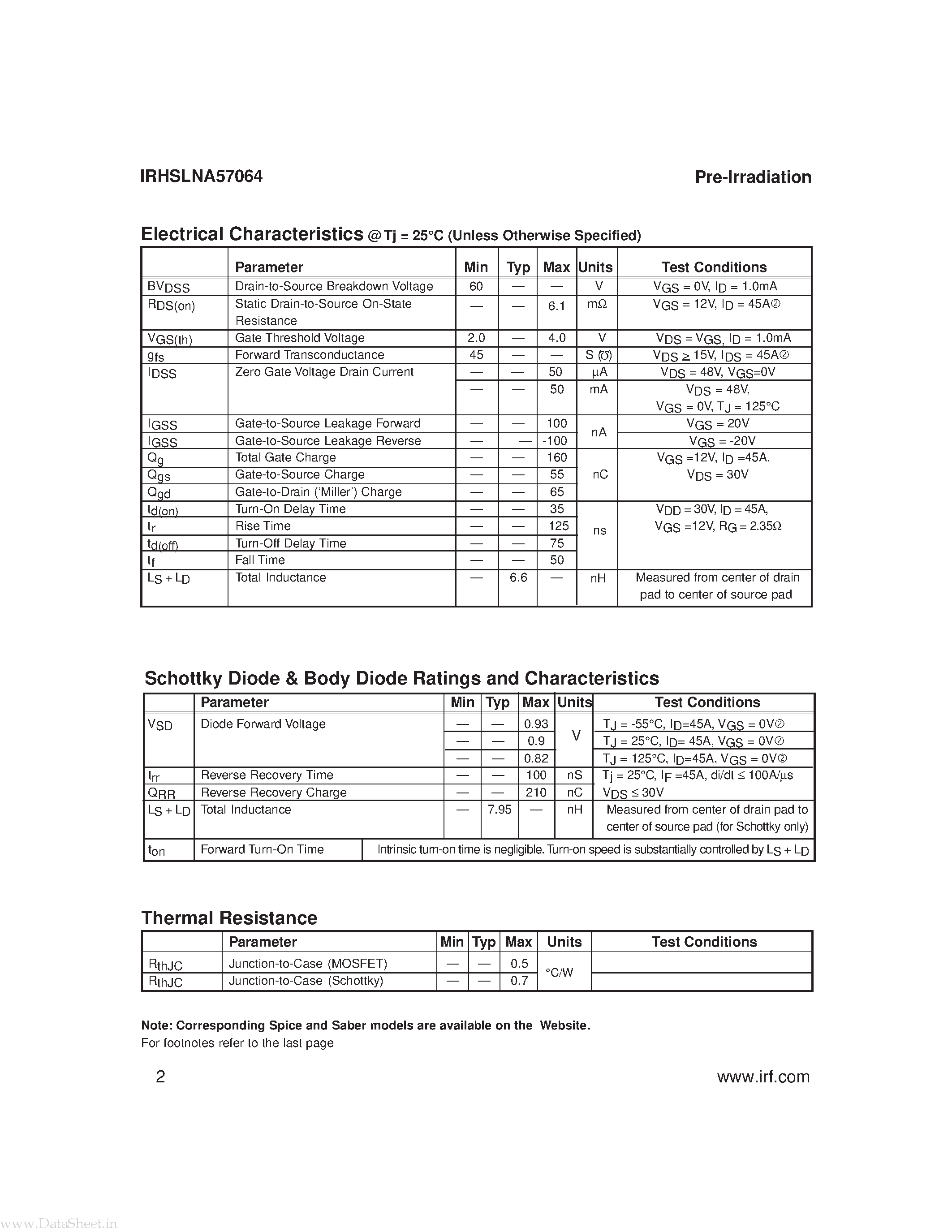 Datasheet IRHSLNA53064 - RAD-HARD SYNCHRONOUS RECTIFIER SURFACE MOUNT page 2